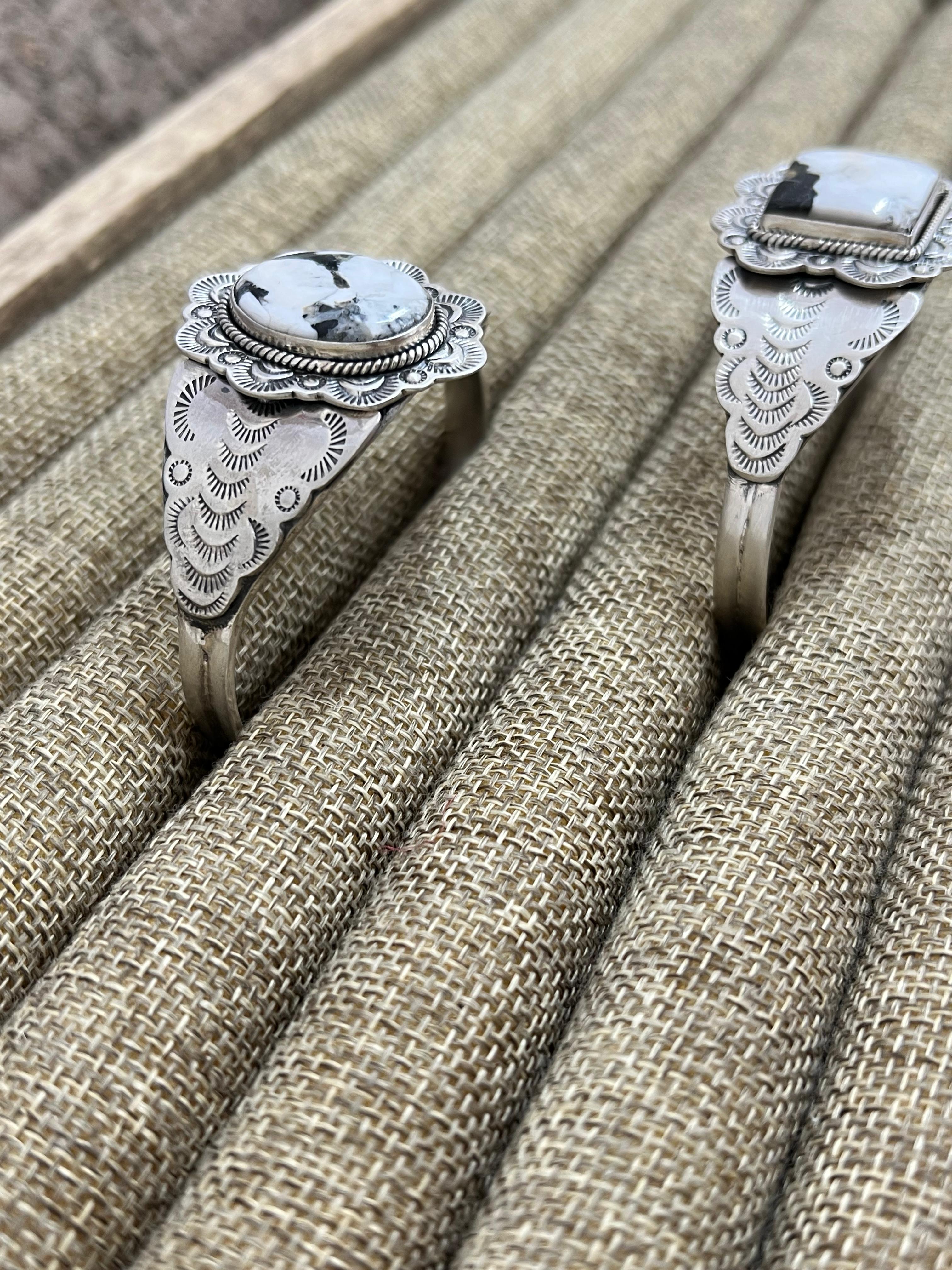 Handmade Sterling Silver White Buffalo Turquoise Cuff Bracelet with Signed Nizhoni