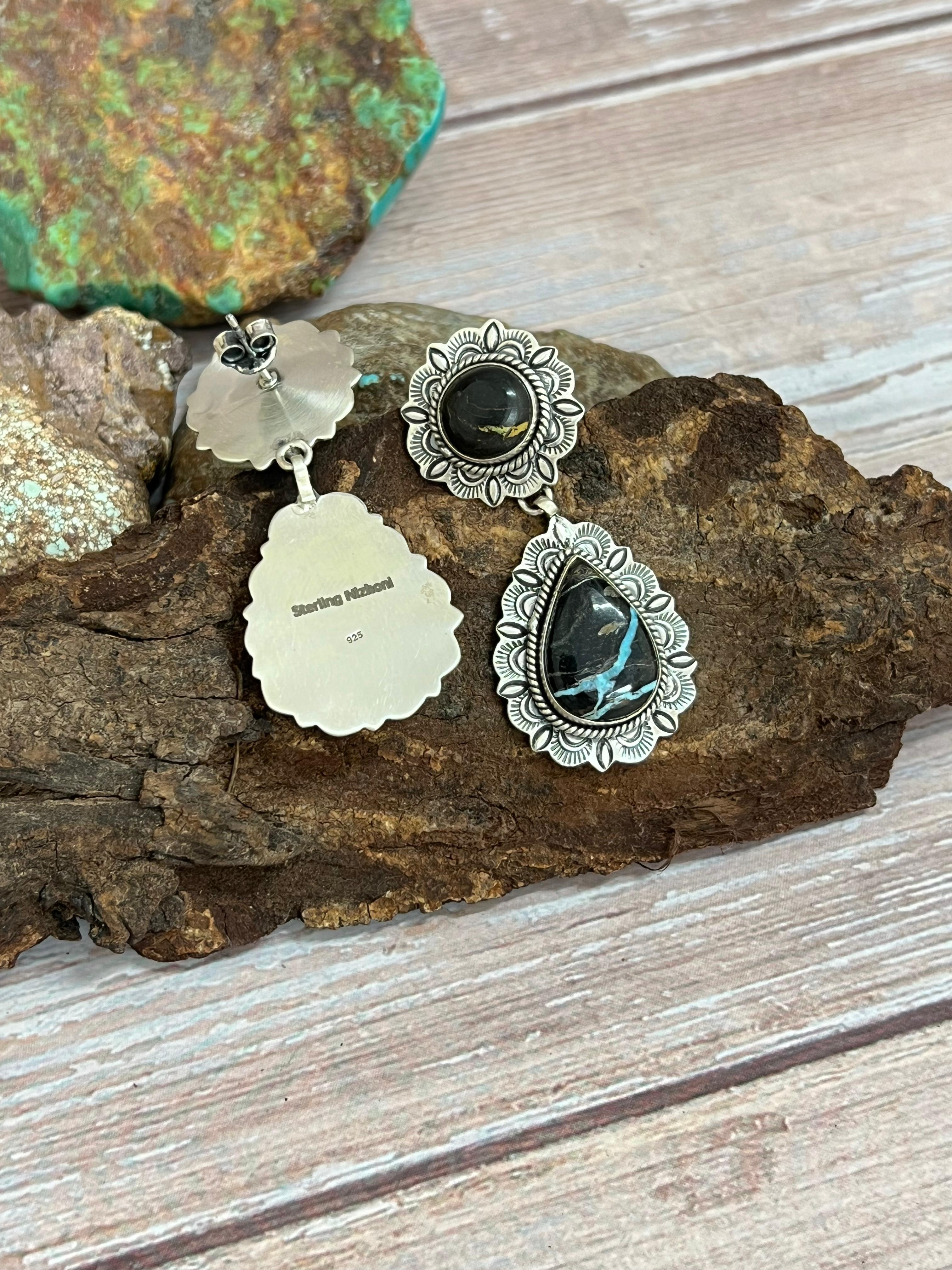 Handmade Sterling Silver Blackjack Turquoise Post Dangle Earrings with Signed Nizhoni