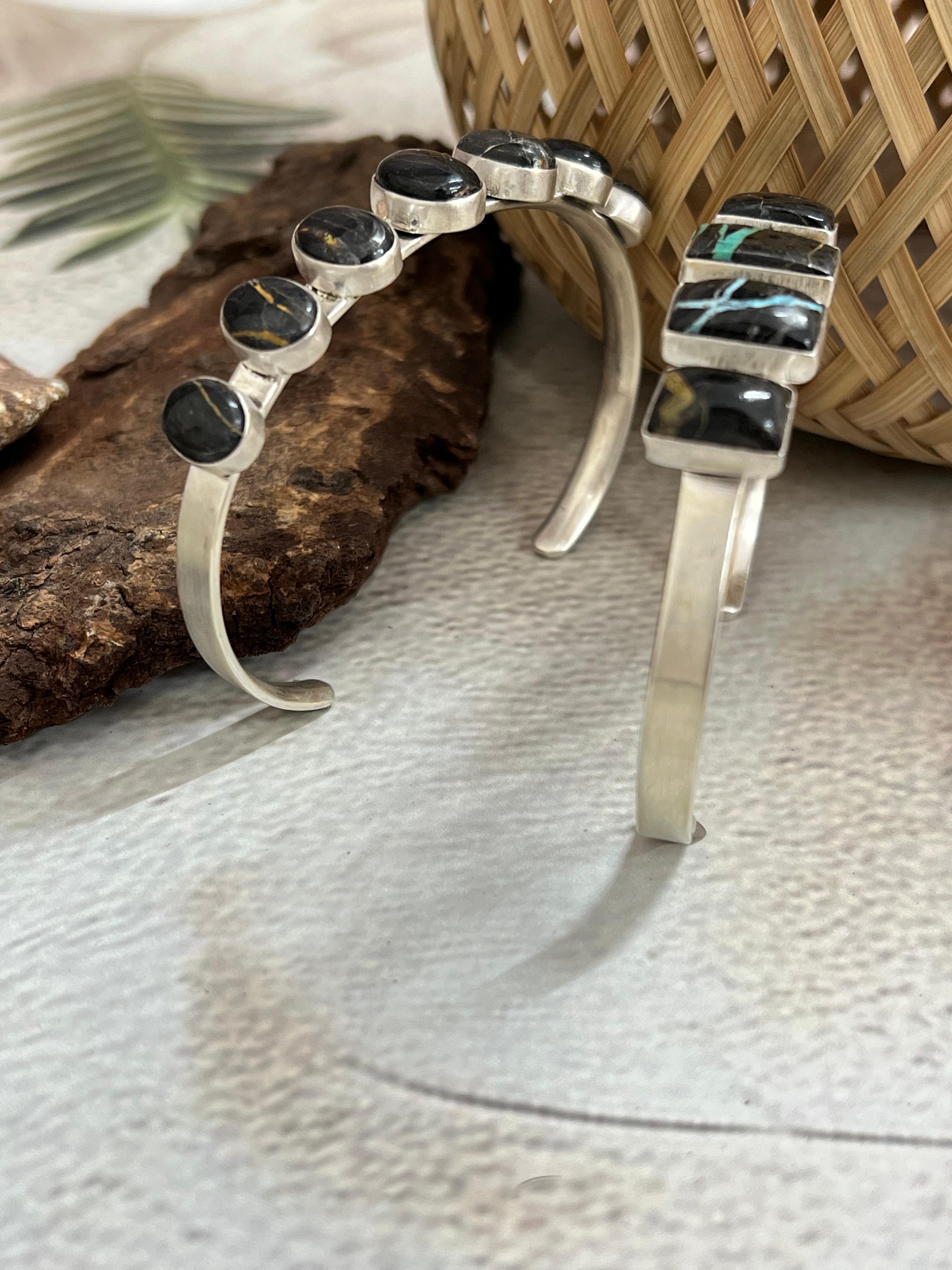 Handmade Sterling Silver Blackjack Turquoise Cuff Bracelet Signed Nizhoni