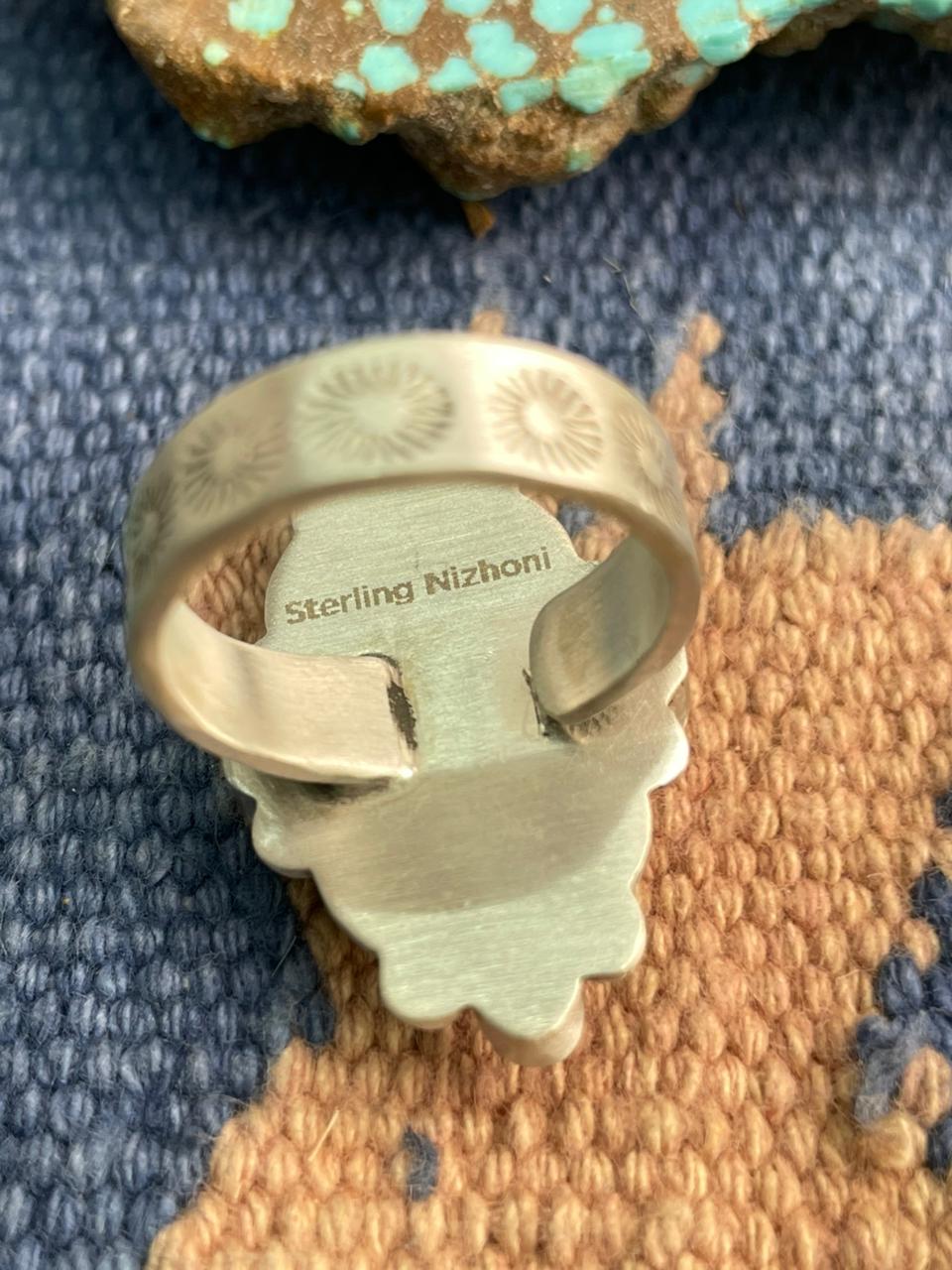 Handmade Sterling Silver White Buffalo with Kingman Turquoise Adjustable Ring "Signed Nizhoni"