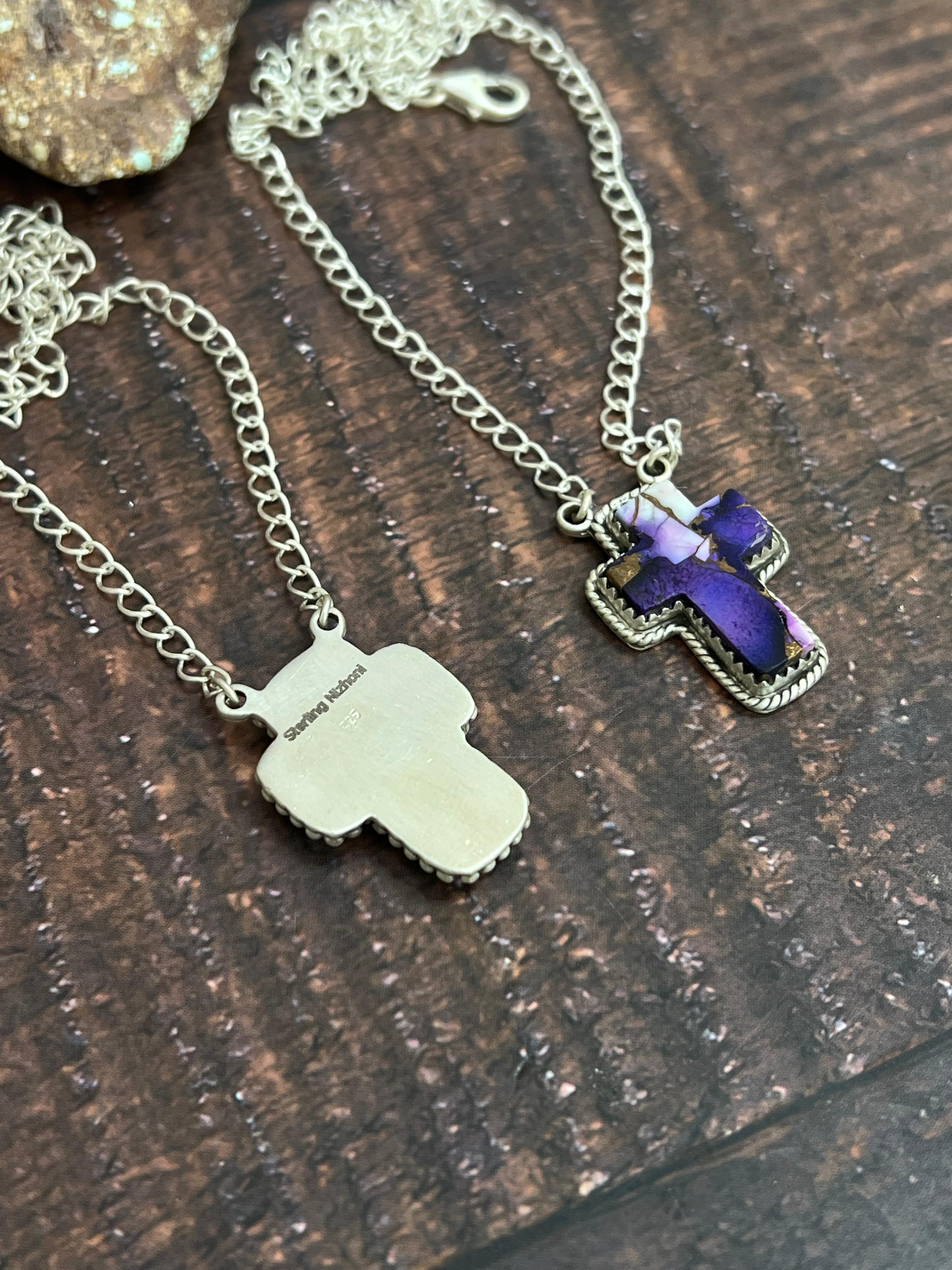 Handmade Sterling Silver Multi Gemstone Cross Necklace with Signed Nizhoni