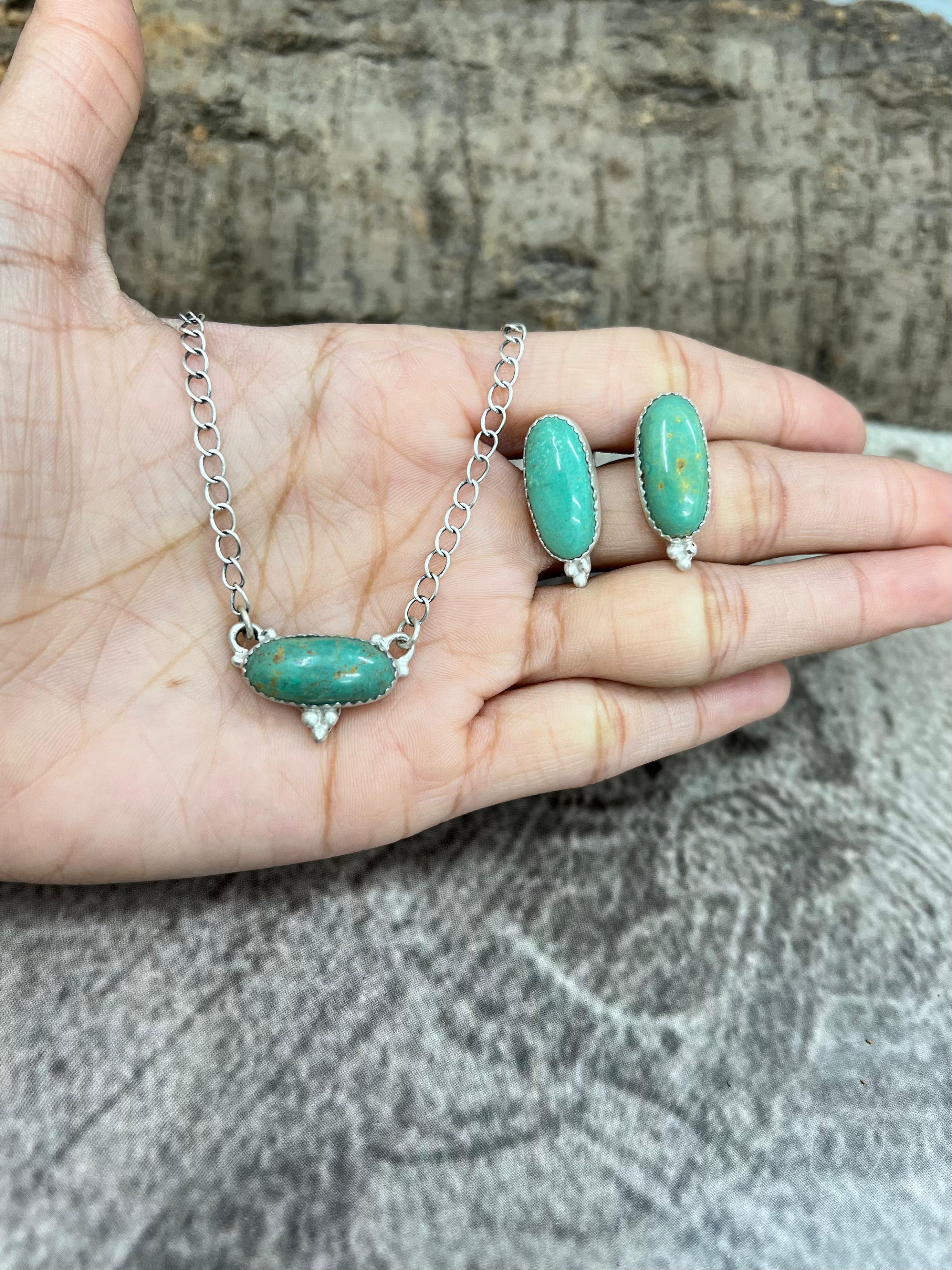 Handmade Sterling Silver Royston Turquoise Necklace Earrings Set, Signed Nizhoni