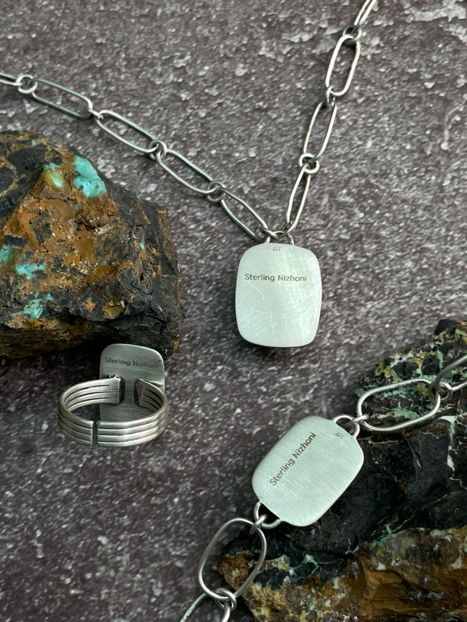 Handmade Sterling Silver Number 8 Turquoise Necklace Bracelet and Ring Set "Signed Nizhoni"