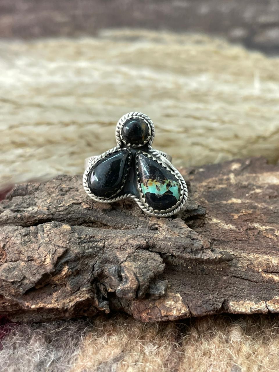 Handmade Sterling Silver Blackjack Turquoise Adjustable Ring "Signed Nizhoni"