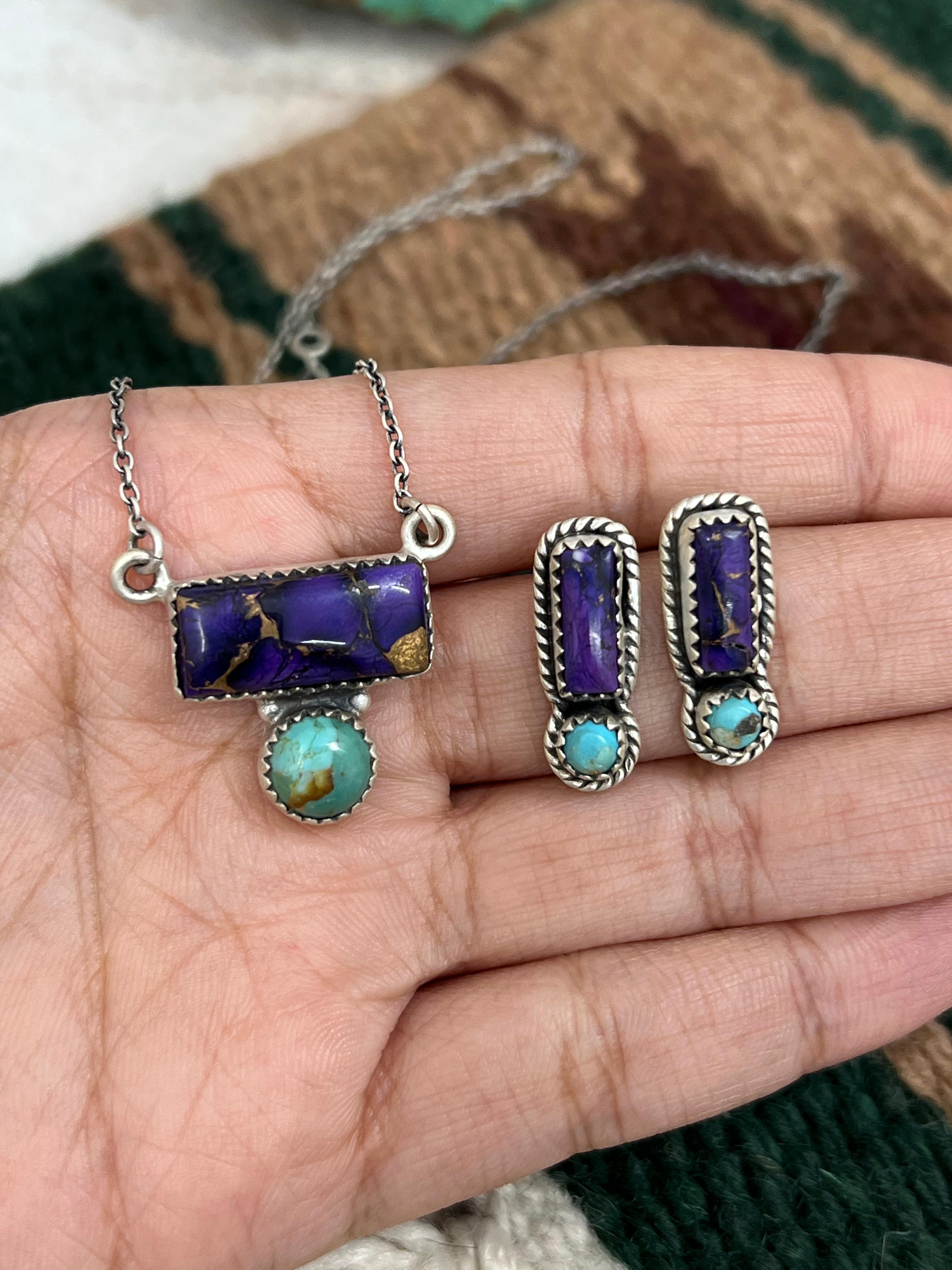 Handmade Sterling Silver Grape Dahlia With Kingman Necklace Earrings Set, Signed Nizhoni