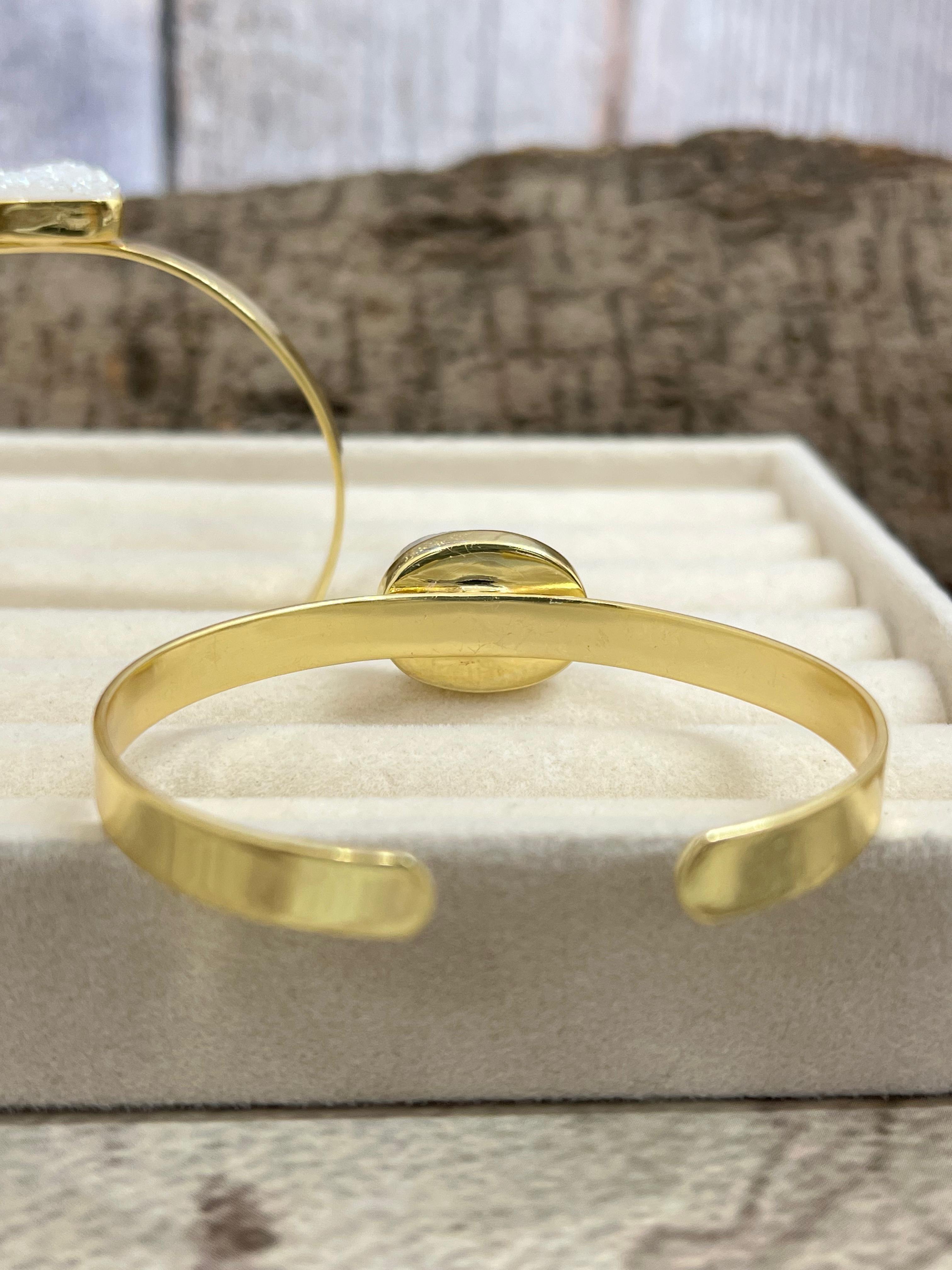 “The Boho Collection” Handmade Natural Gold Plated White Druzy Cuff Bracelet