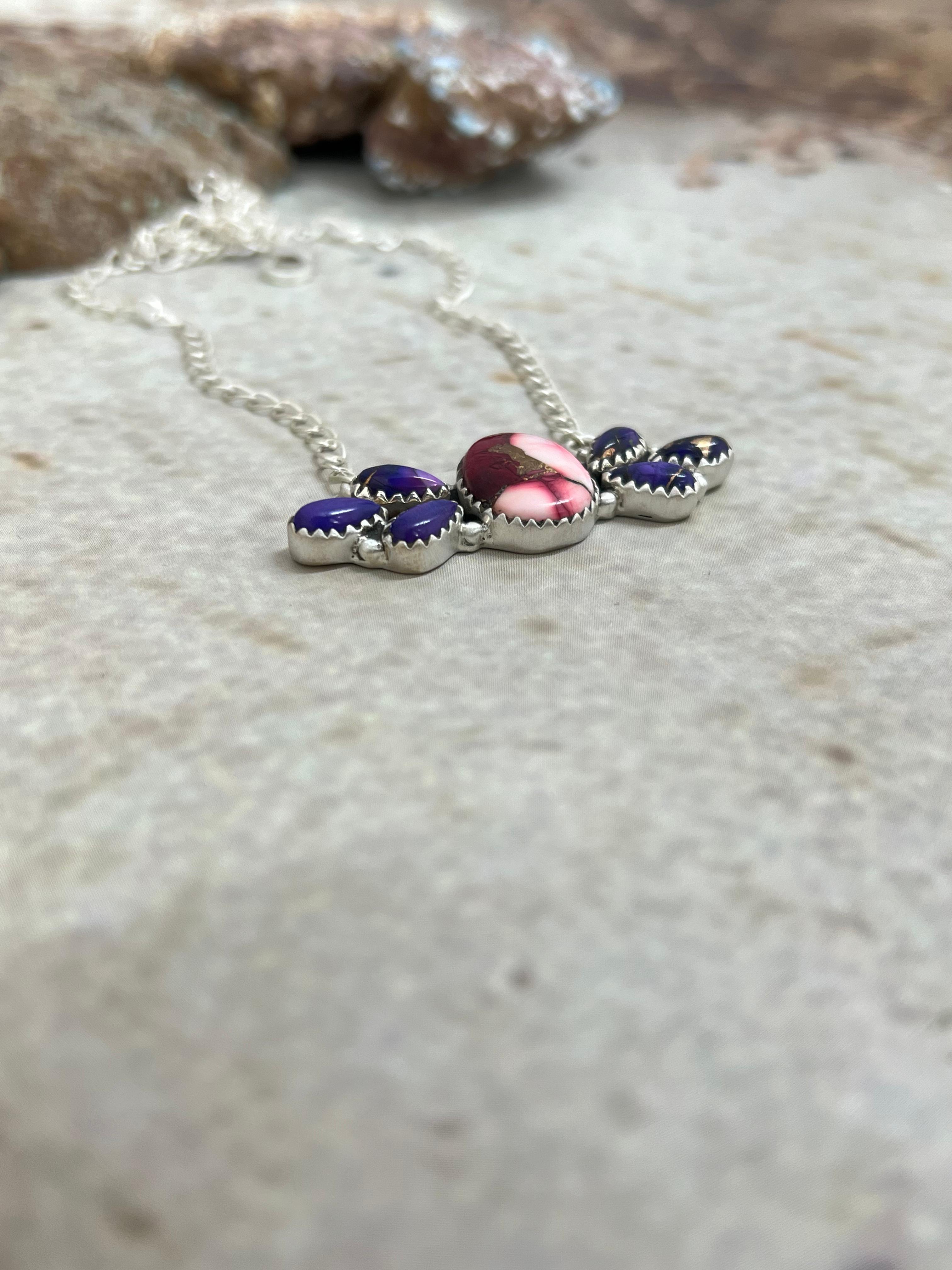 Handmade Sterling Silver Grape Dahlia with Dahlia Rose Necklace with Signed Nizhoni