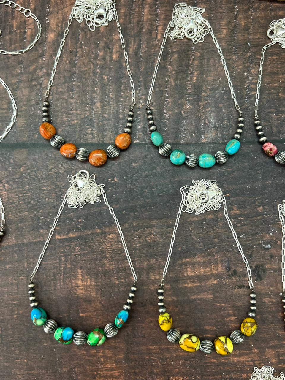 Handmade Sterling Silver Beaded Multi Stone Necklace "Signed Nizhoni"