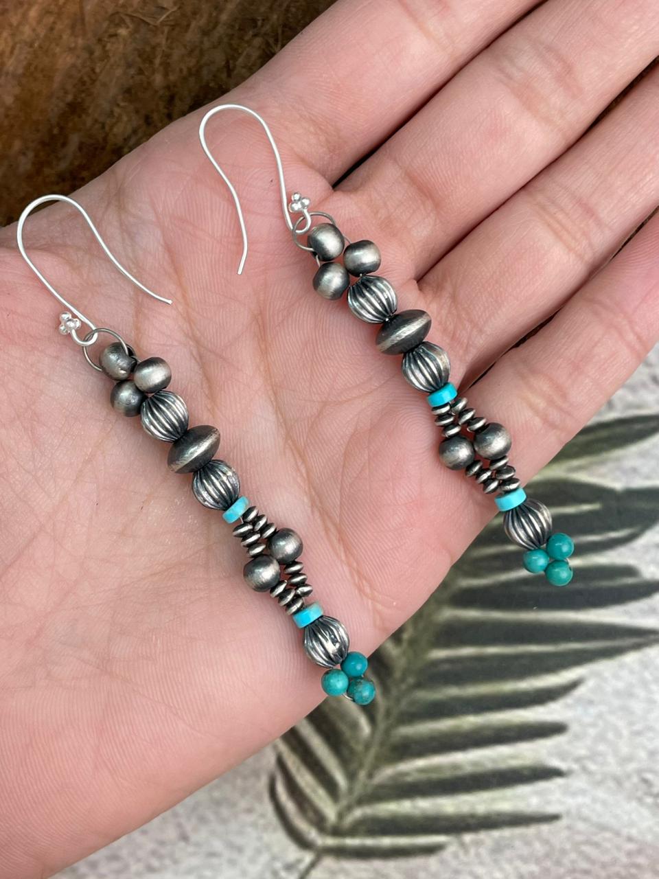 Handmade Sterling Silver Beaded Kingman Turquoise Hook Dangle Earrings (8)