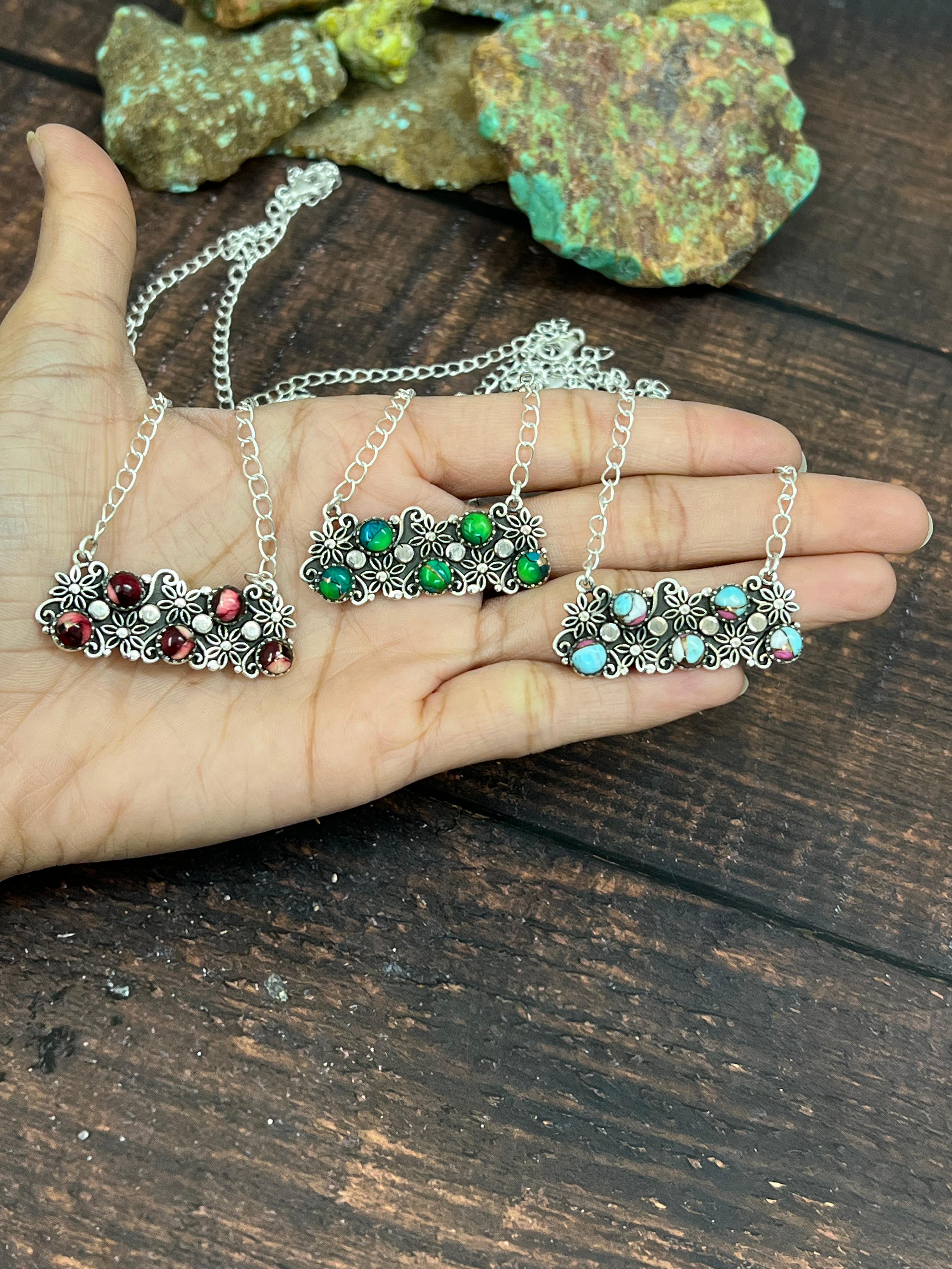 Handmade Sterling Silver Peacock Dahlia, Dahlia Rose, Cotton Candy Turquoise Necklace with Signed Nizhoni