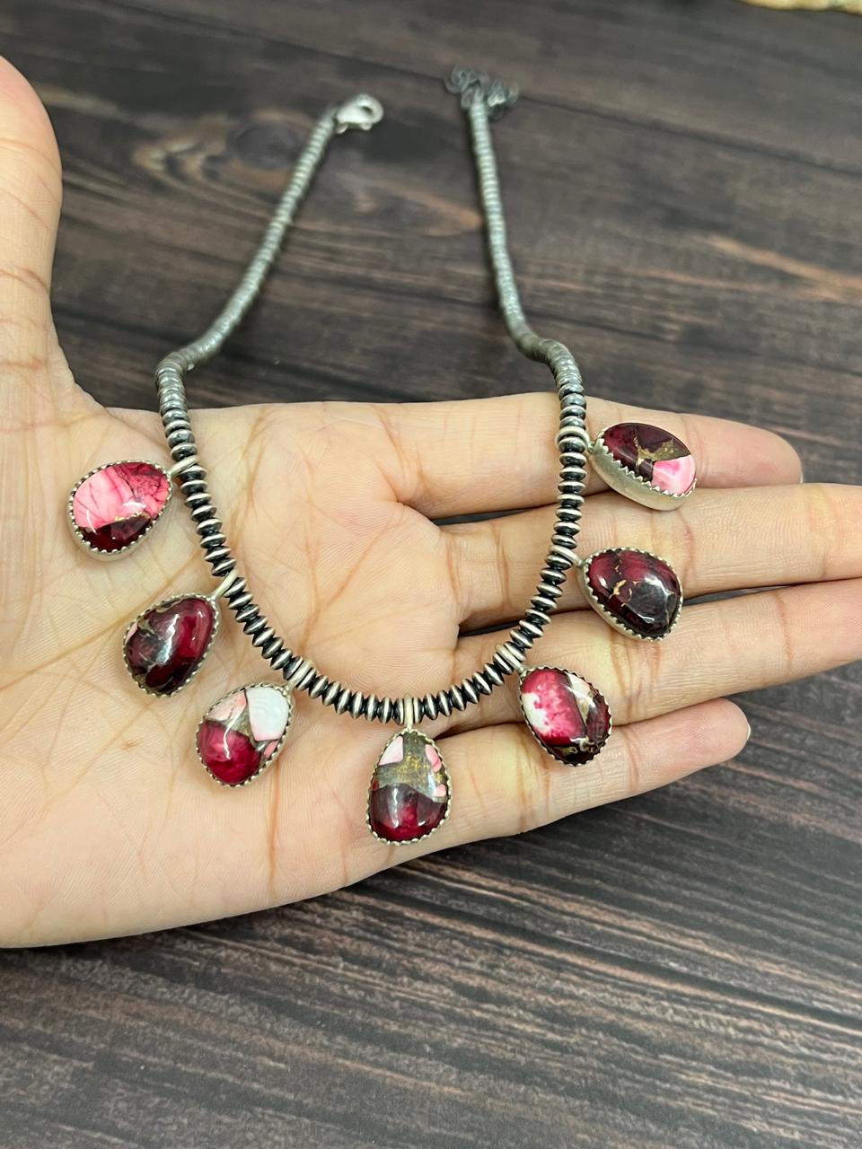 Handmade Sterling Silver Multi Stone Beaded Necklace with Signed Nizhoni