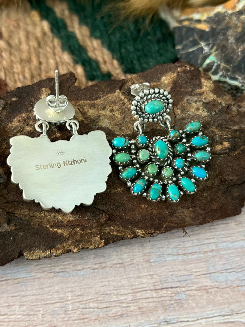 Handmade Sterling Silver Kingman Turquoise Post Dangle Earrings "Signed Nizhoni"