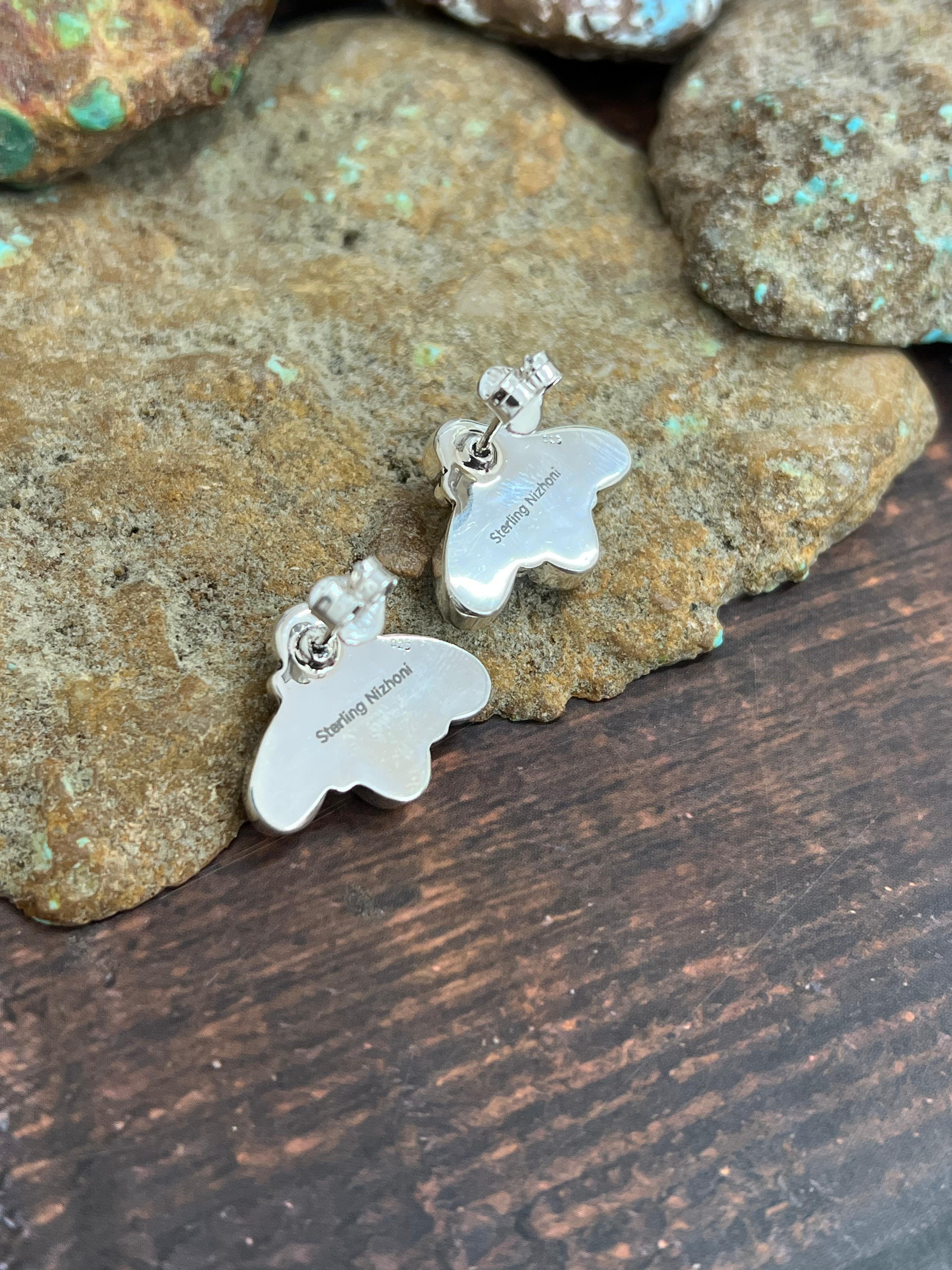 ** 4TH OF JULY ** Handmade Sterling Silver Synthetic Opal Post Earrings with Signed Nizhoni