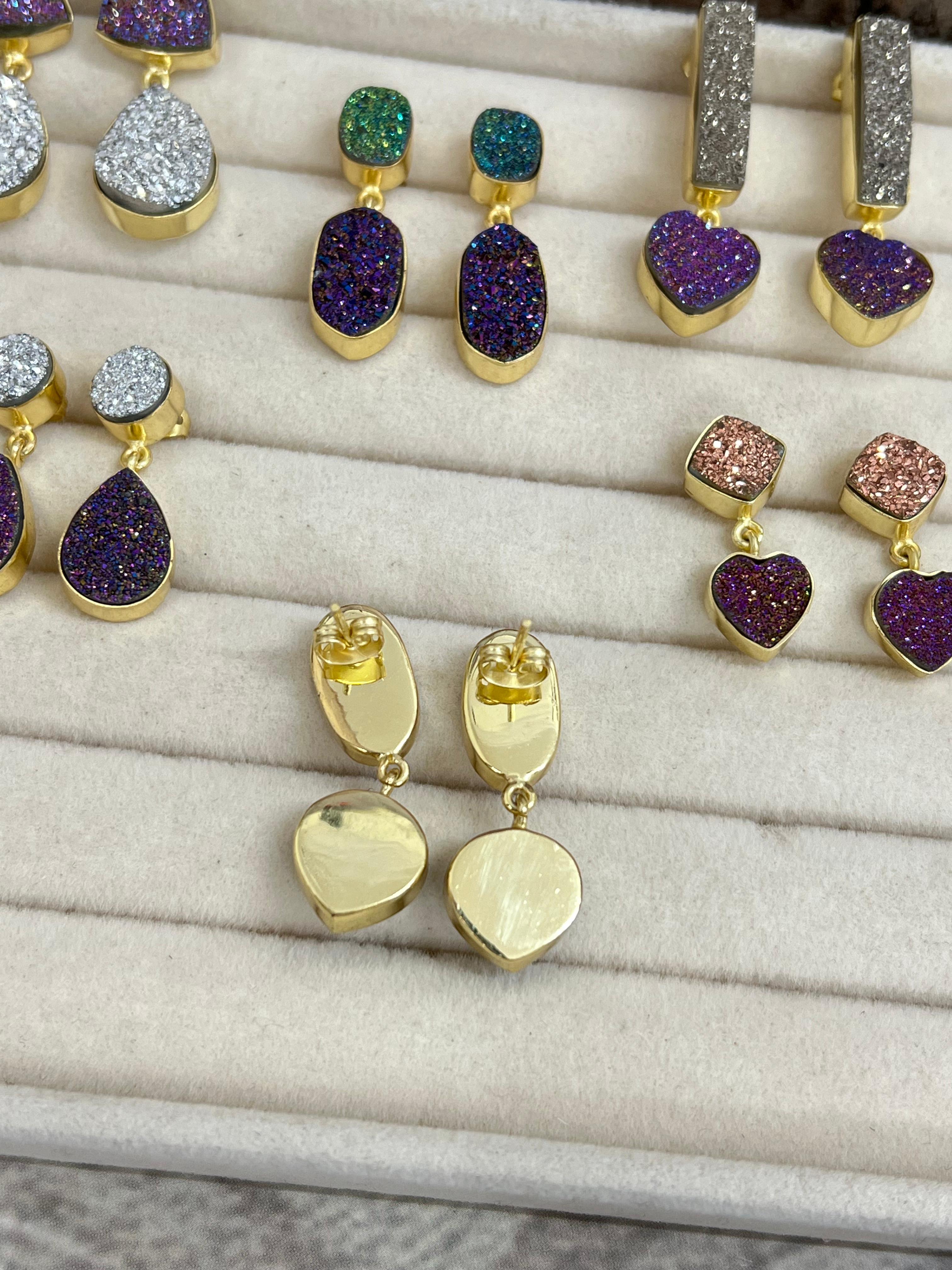 “The Boho Collection” Natural Handmade 2 Stone Druzy Post Dangle Earrings