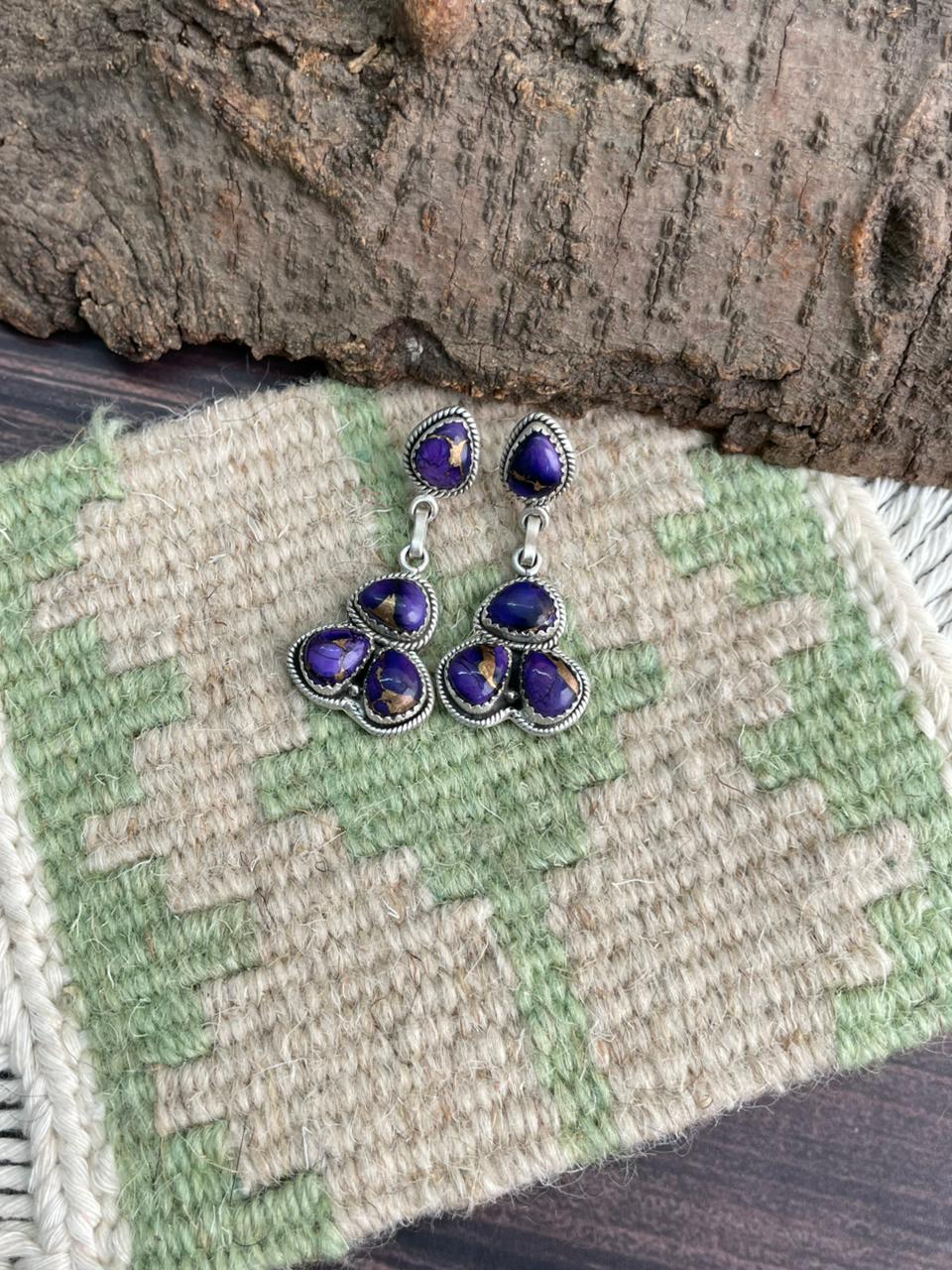 Handmade Sterling Silver Grape Dahlia Post Dangle Earrings "Signed Nizhoni"