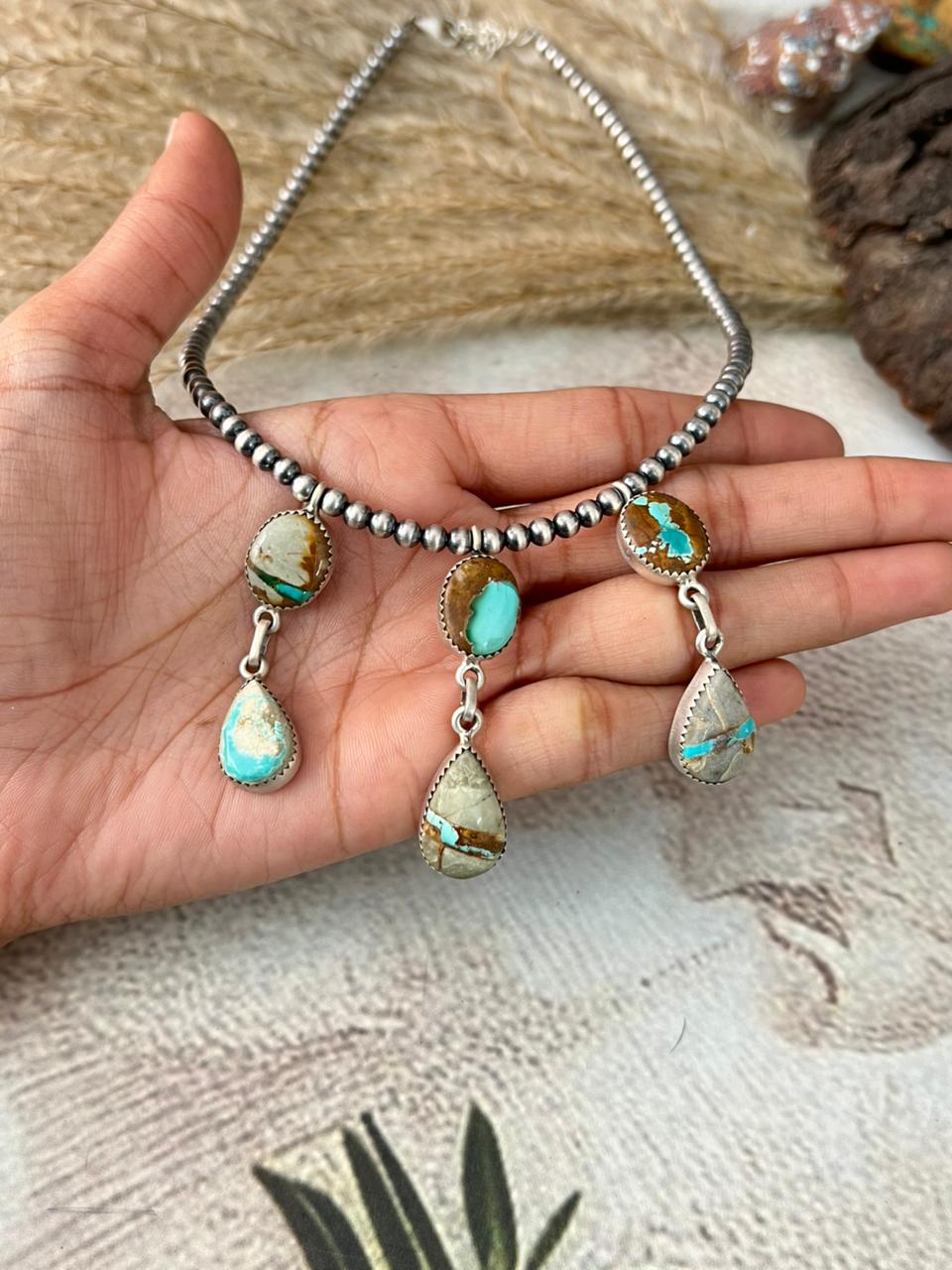 Handmade Sterling Silver Royston Ribbon Turquoise Beaded Necklace "Signed Nizhoni"