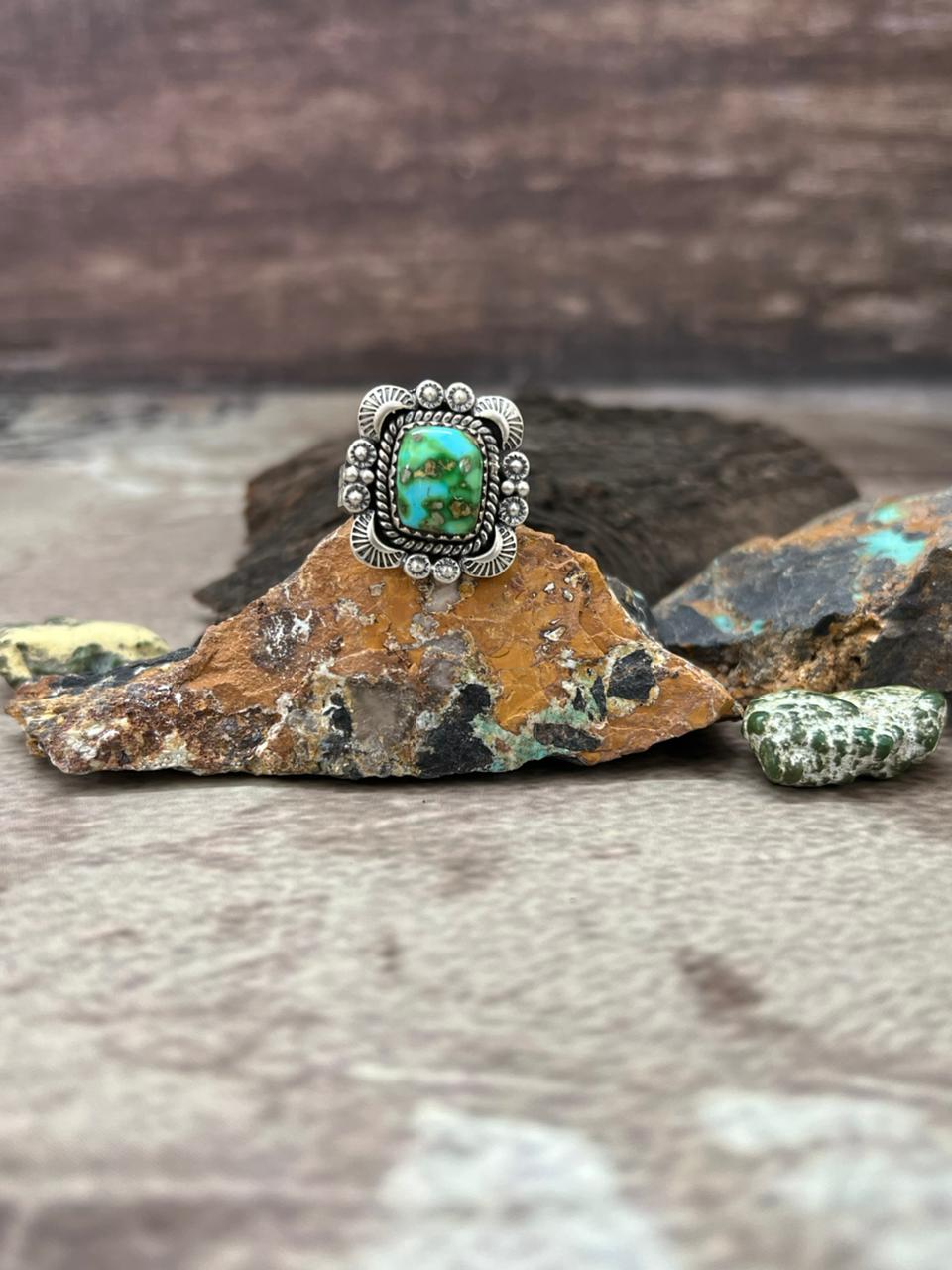 Handmade Sterling Silver Sonoran Mountain Turquoise Adjustable Ring "Signed Nizhoni"