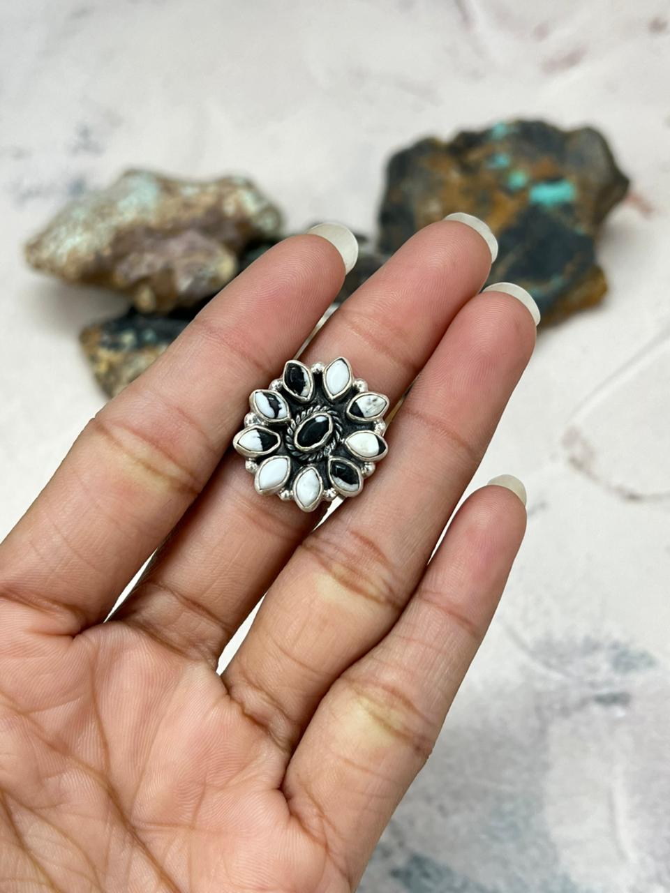 Handmade Sterling Silver White Buffalo Turquoise Adjustable Ring "Signed Nizhoni"