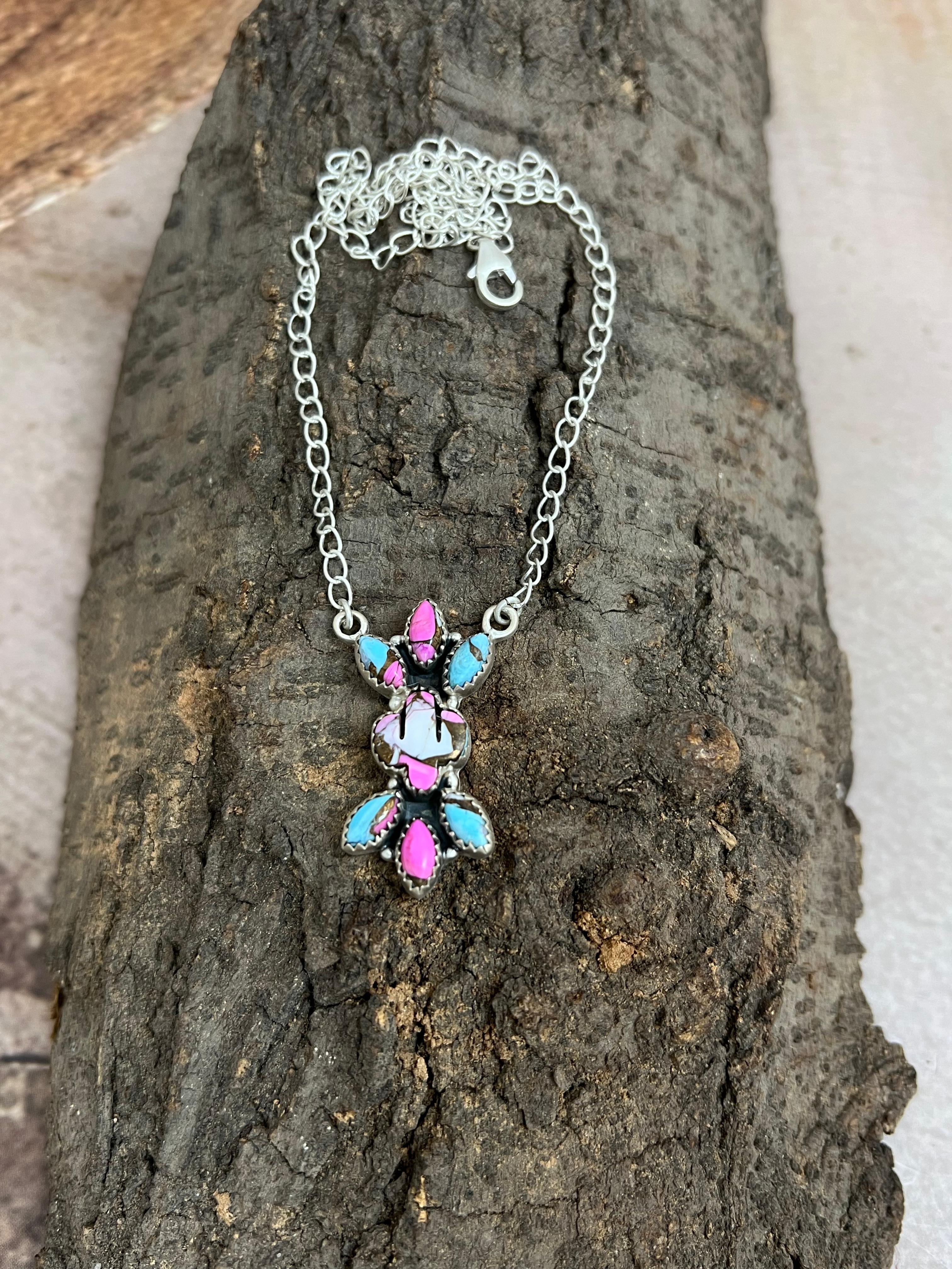 Handmade Sterling Silver Cotton Candy Turquoise Necklace with Signed Nizhoni