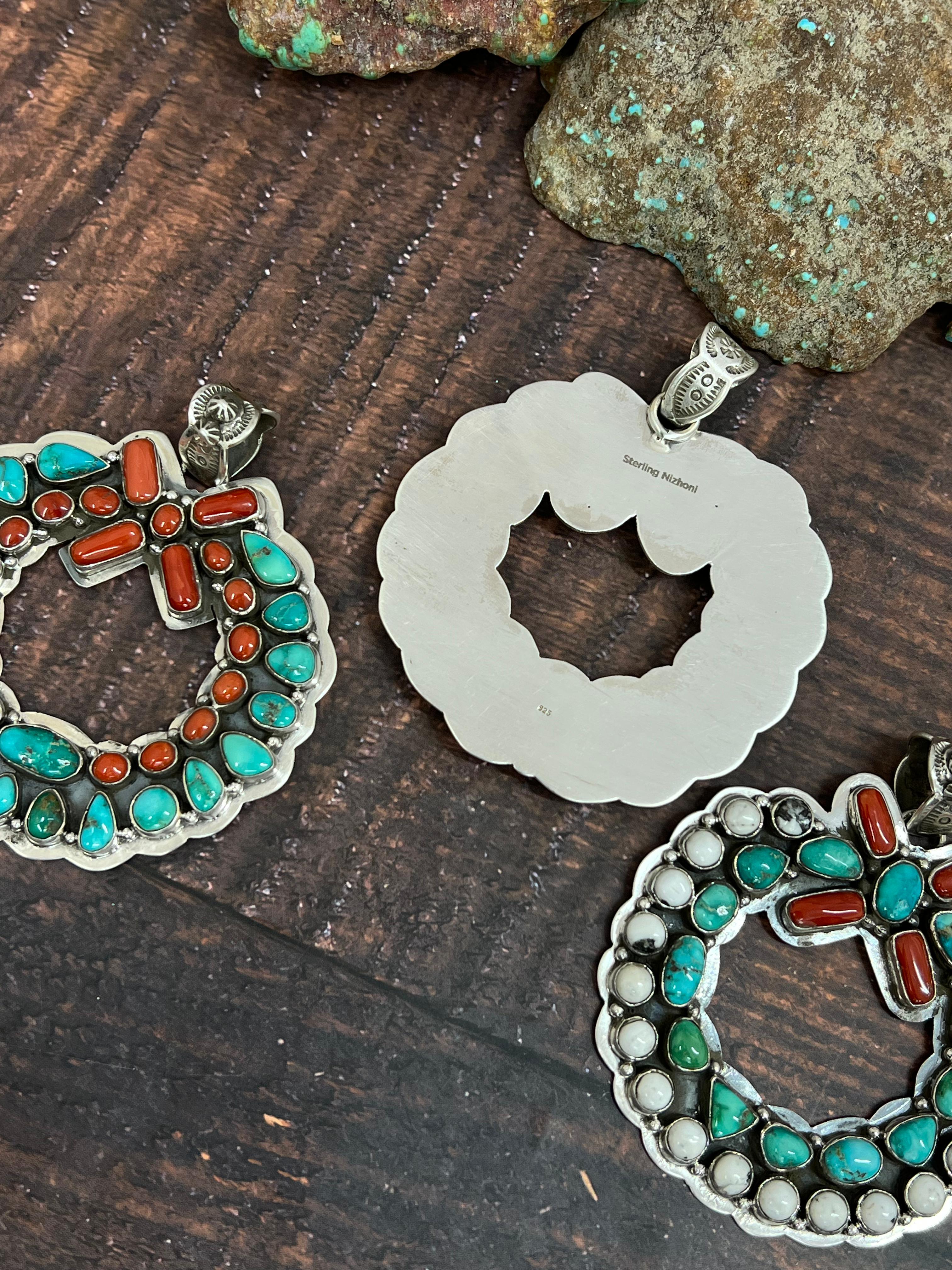 Handmade Sterling Silver Multi Stones Pendant, Signed Nizhoni