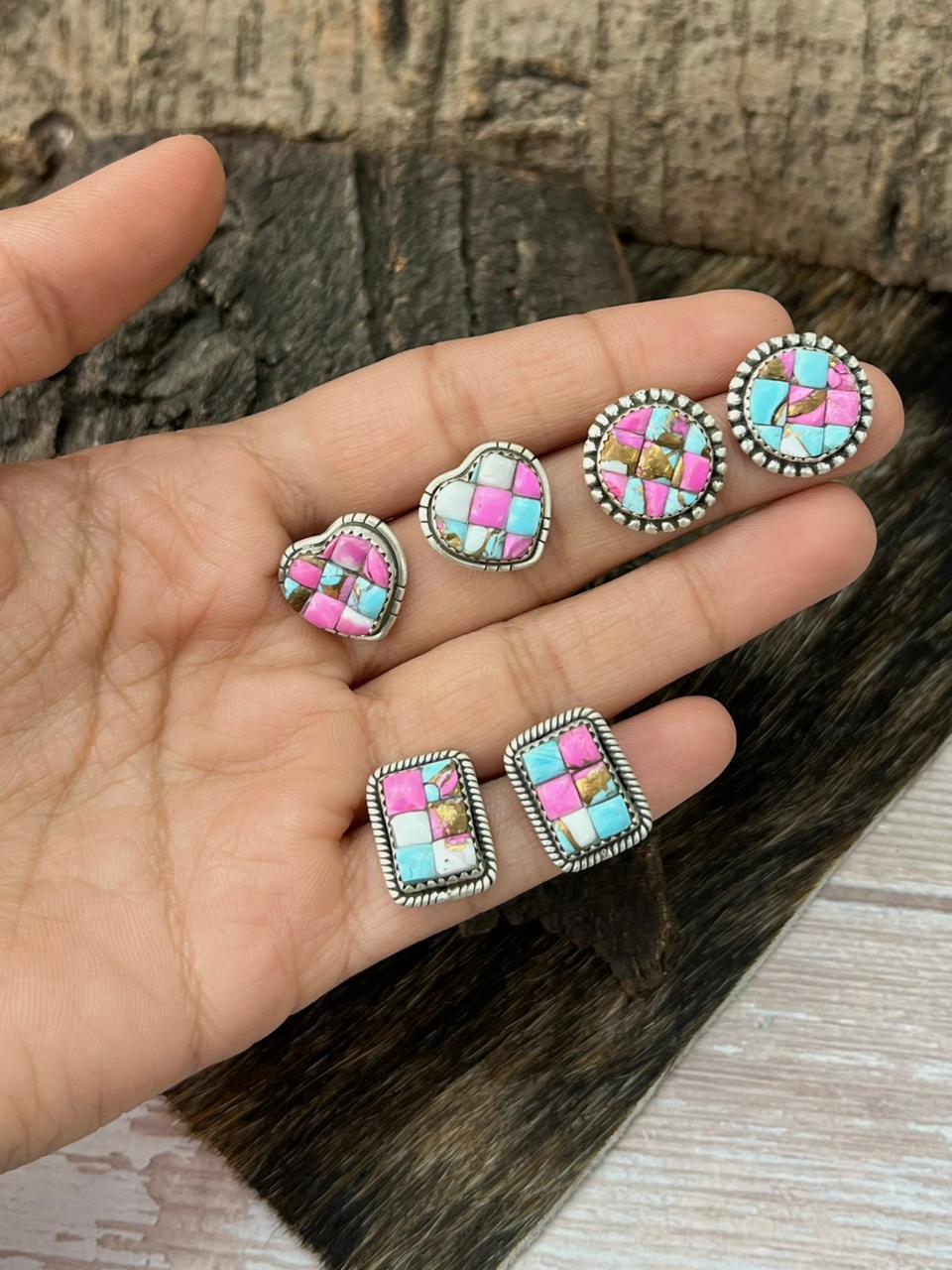 Handmade Sterling Silver Cotton Candy Post Studs Earrings "Signed Nizhoni"