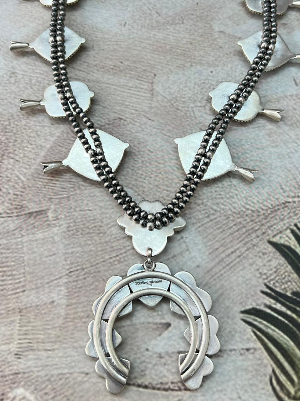 Handmade Sterling Silver Lander Turquoise Squash Blossom Beaded Necklace with Signed Nizhoni