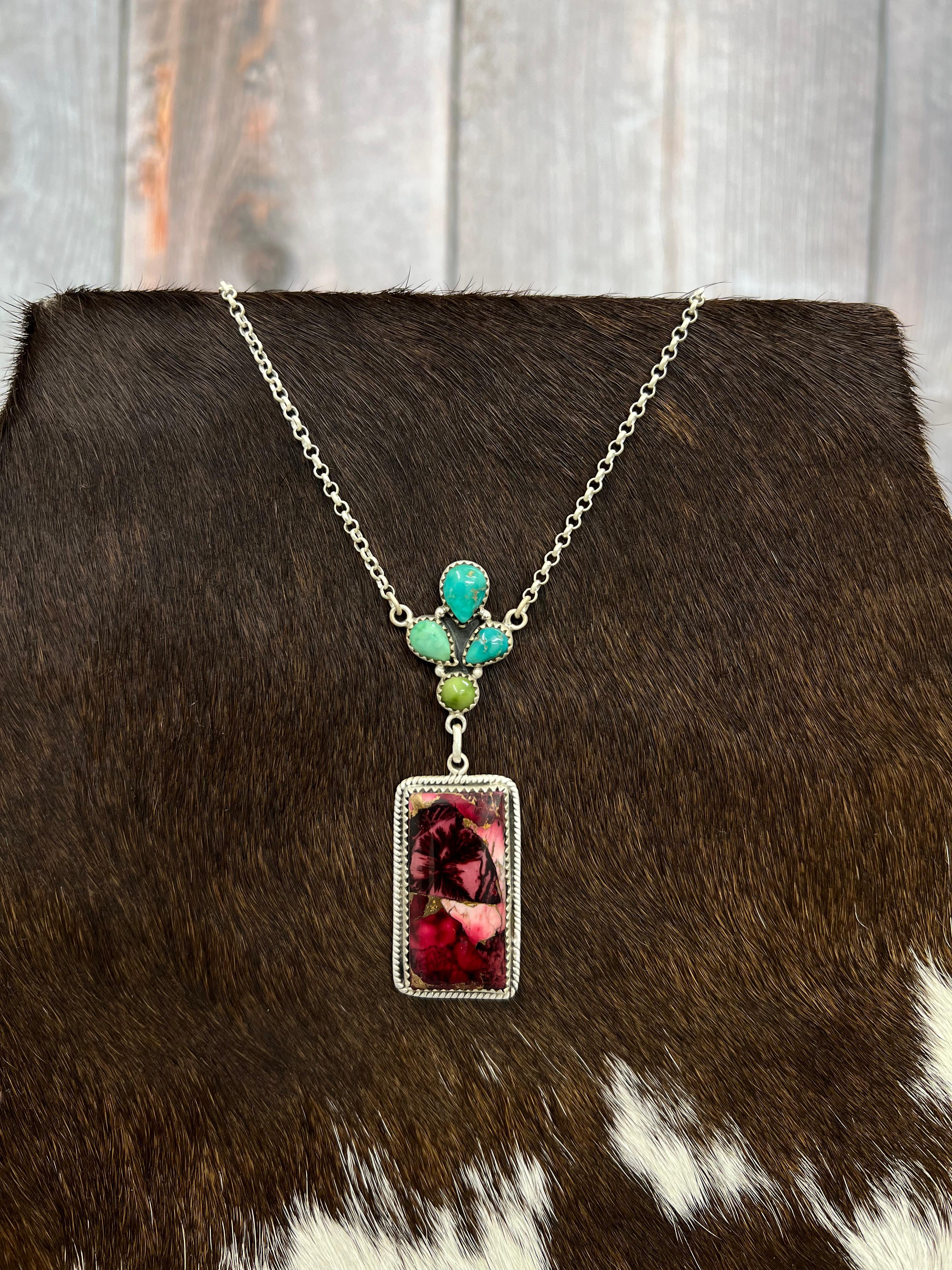 Handmade Sterling Silver Emerald Valley with Dahlia Rose Necklace with Signed Nizhoni