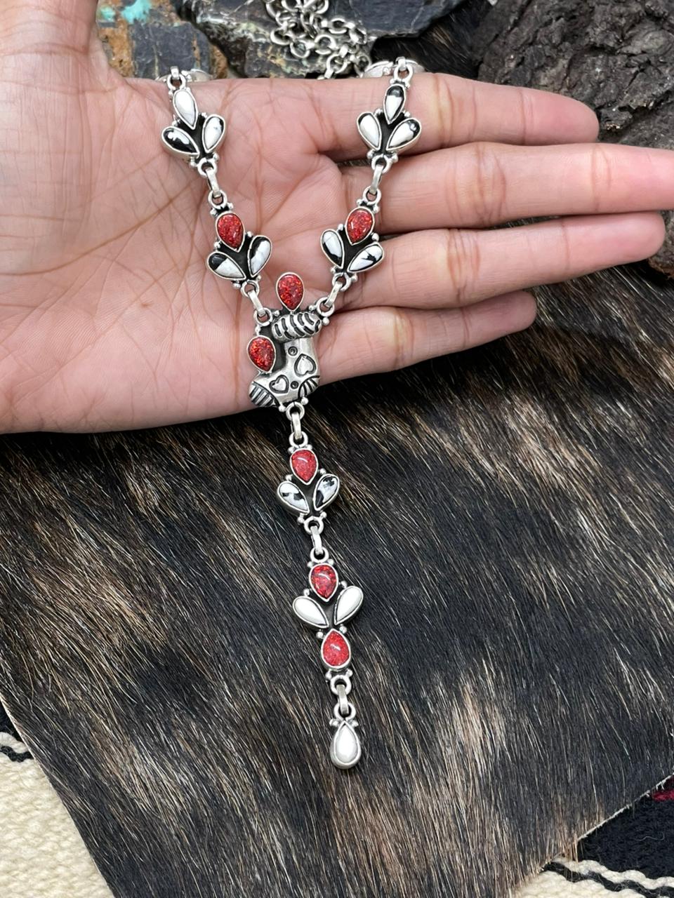 Handmade Sterling Silver White Buffalo with Red Opal Lariat Necklace "Signed Nizhoni"