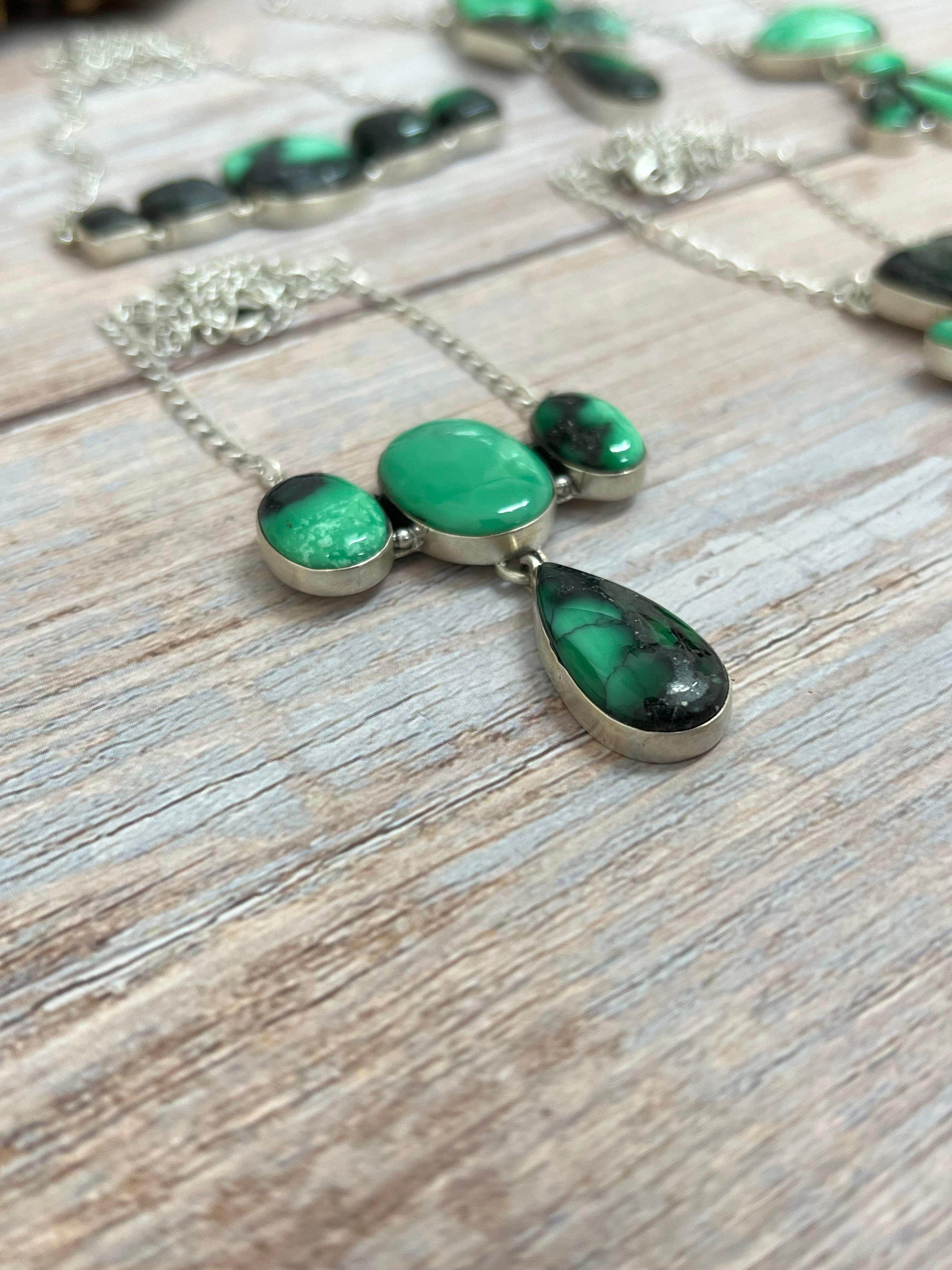 Handmade Sterling Silver Emerald Rose Necklace with Signed Nizhoni