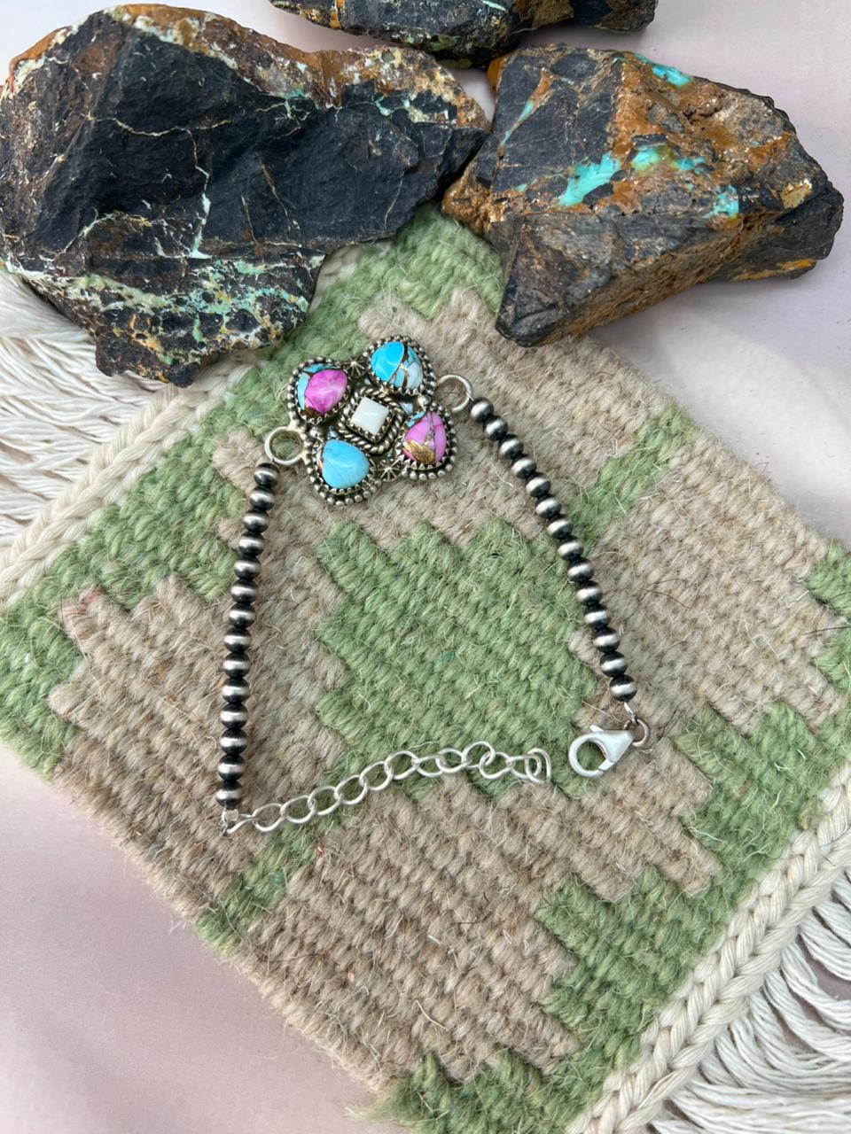 Handmade Sterling Silver Cotton Candy Beaded Chain Bracelet "Signed Nizhoni"