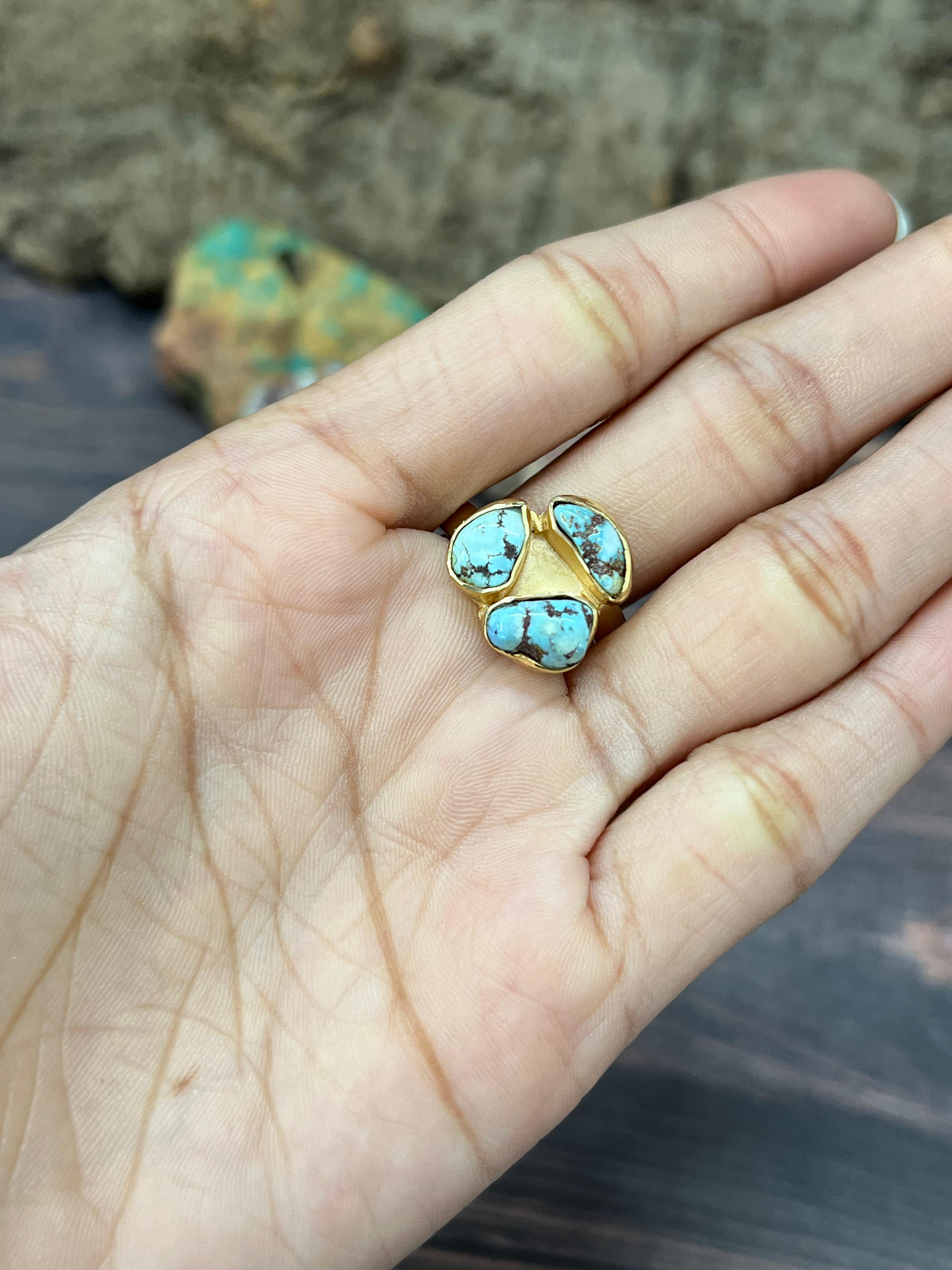 “The Golden Collection” Natural Golden Hills Turquoise 3 Stone Adjustable Ring