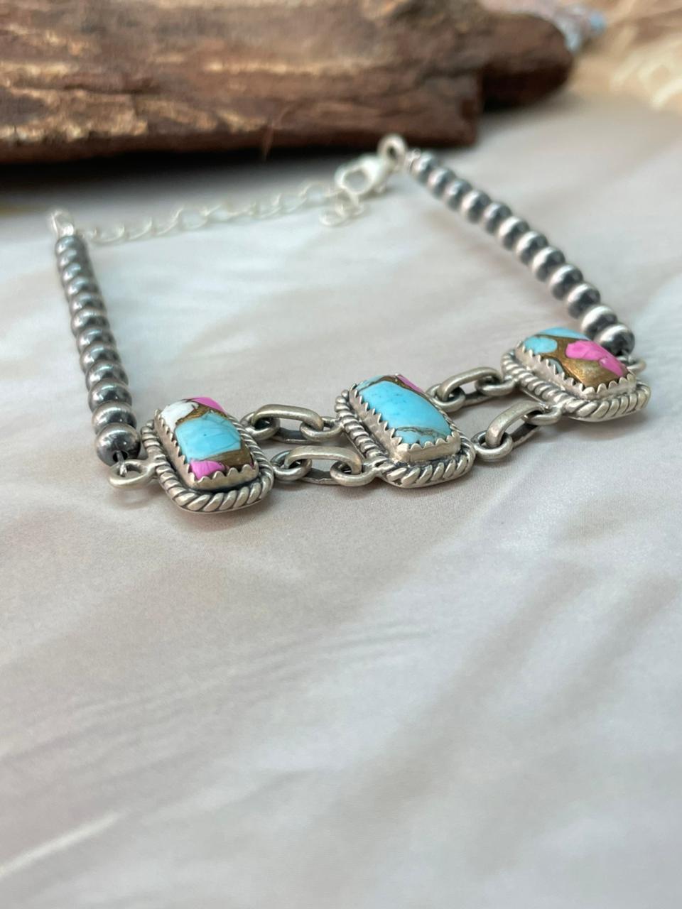 Handmade Sterling Silver Cotton Candy Beaded Bracelet "Signed Nizhoni"