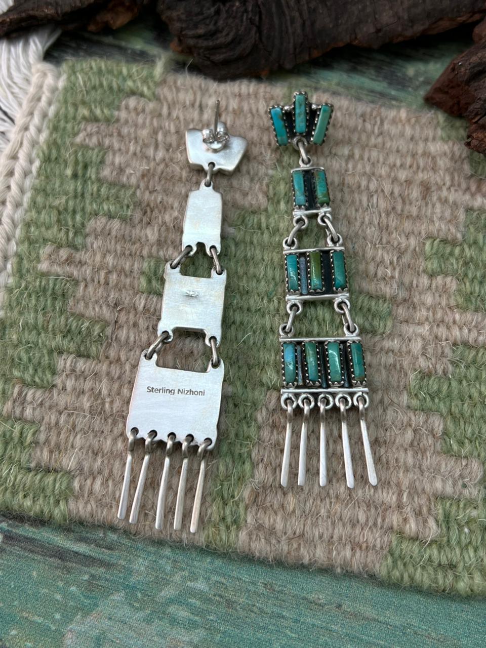 Handmade Sterling Silver Kingman Turquoise Post Dangle Earrings "Signed Nizhoni"