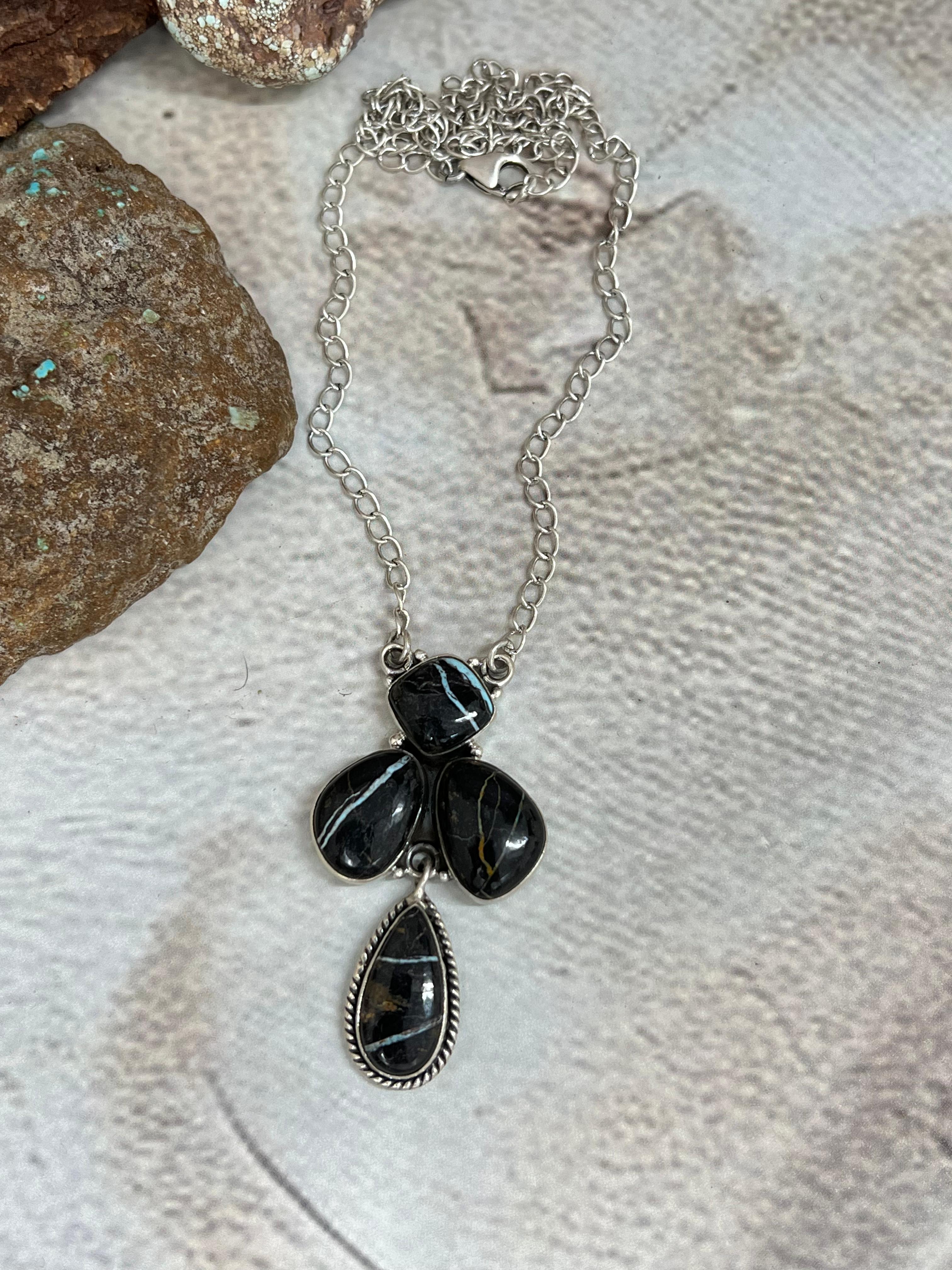 Handmade Sterling Silver Blackjack Turquoise Necklace Signed Nizhoni