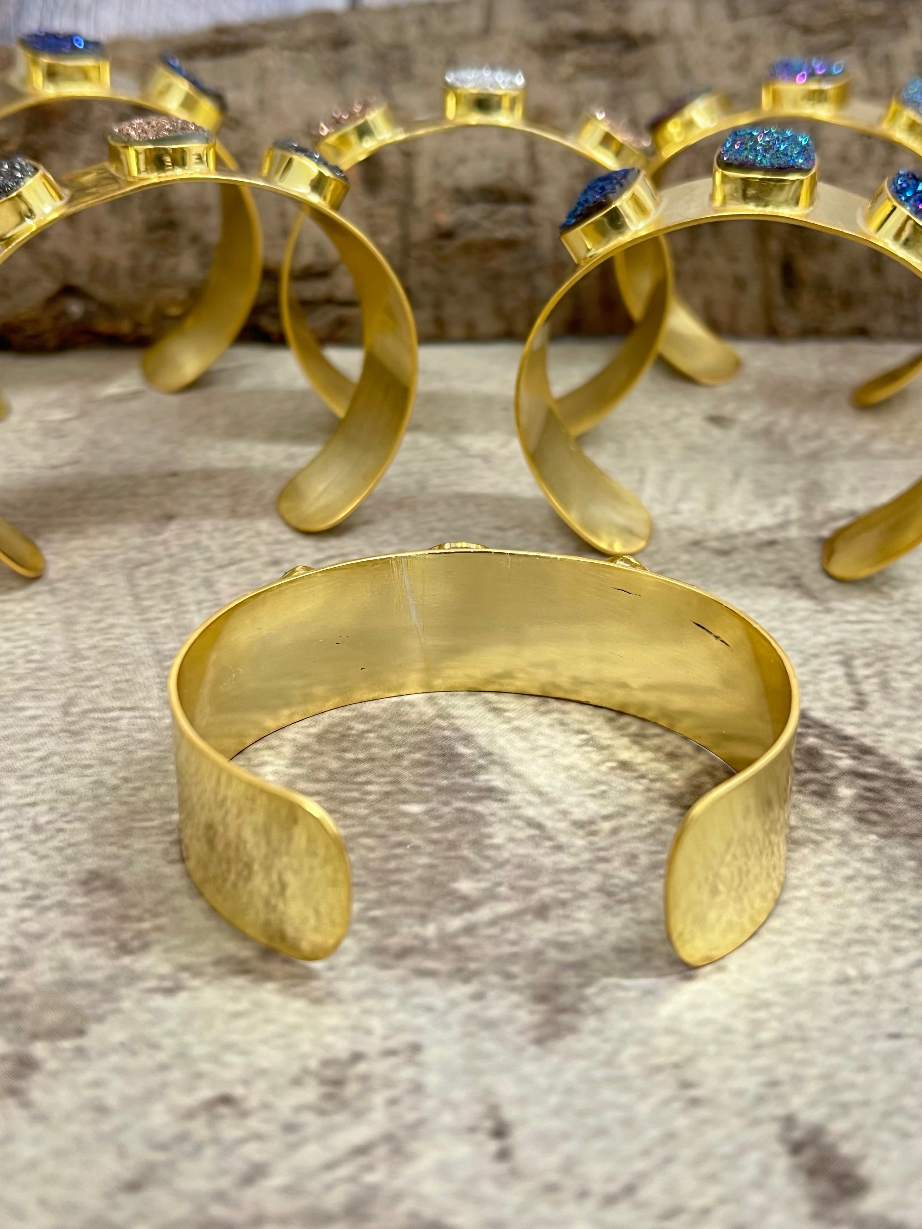 “The Boho Collection” Handmade Natural Gold Plated 3 Stone Druzy Wide Cuff Bracelet