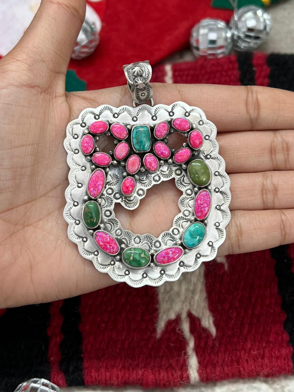 "Christmas Collection" Handmade Sterling Silver Hot Pink with Sonoran Mountain Turquoise Pendant "Signed Nizhoni"