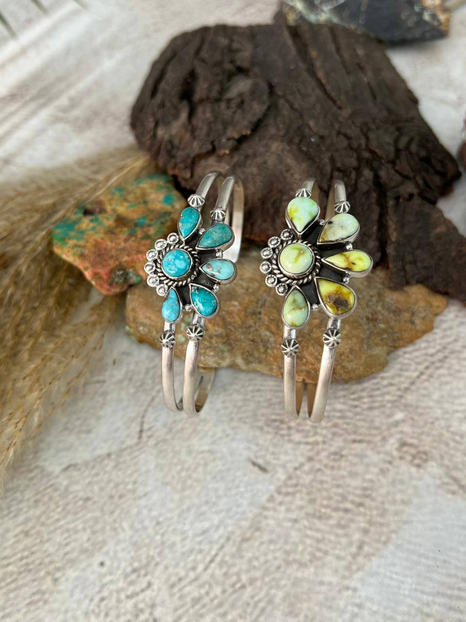 Handmade Sterling Silver Palomino and White Water Turquoise Bracelet "Signed Nizhoni"