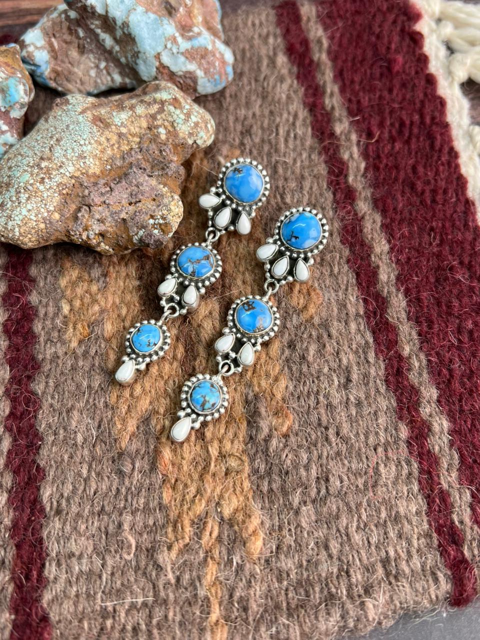 Handmade Sterling Silver Golden Hills with White Collection Post Dangle Earrings "Signed Nizhoni"