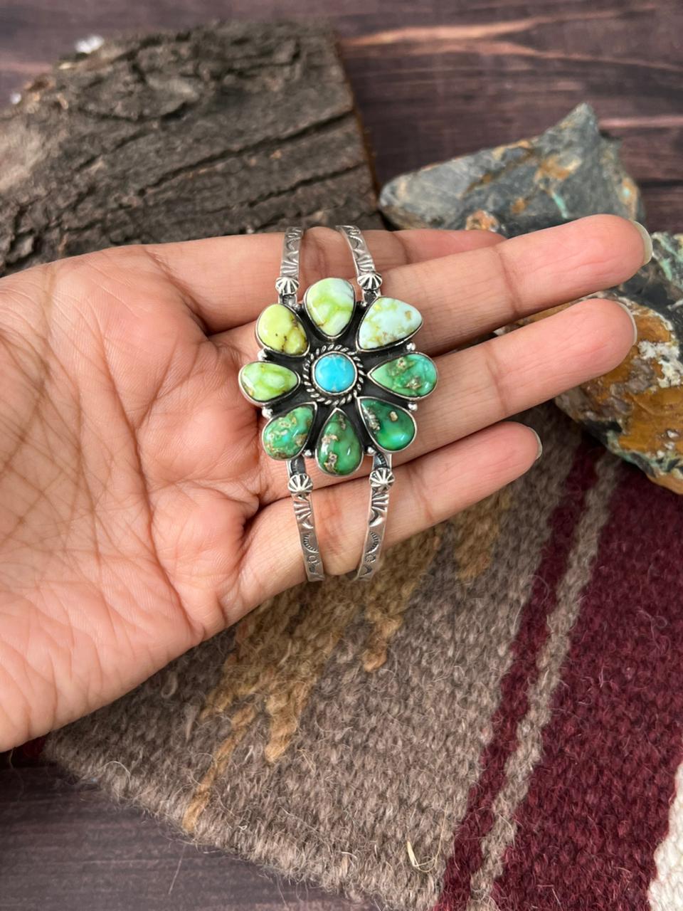 Handmade Sterling Silver Palomino with Sonoran and White Water Turquoise Cuff Bracelet "Signed Nizhoni"