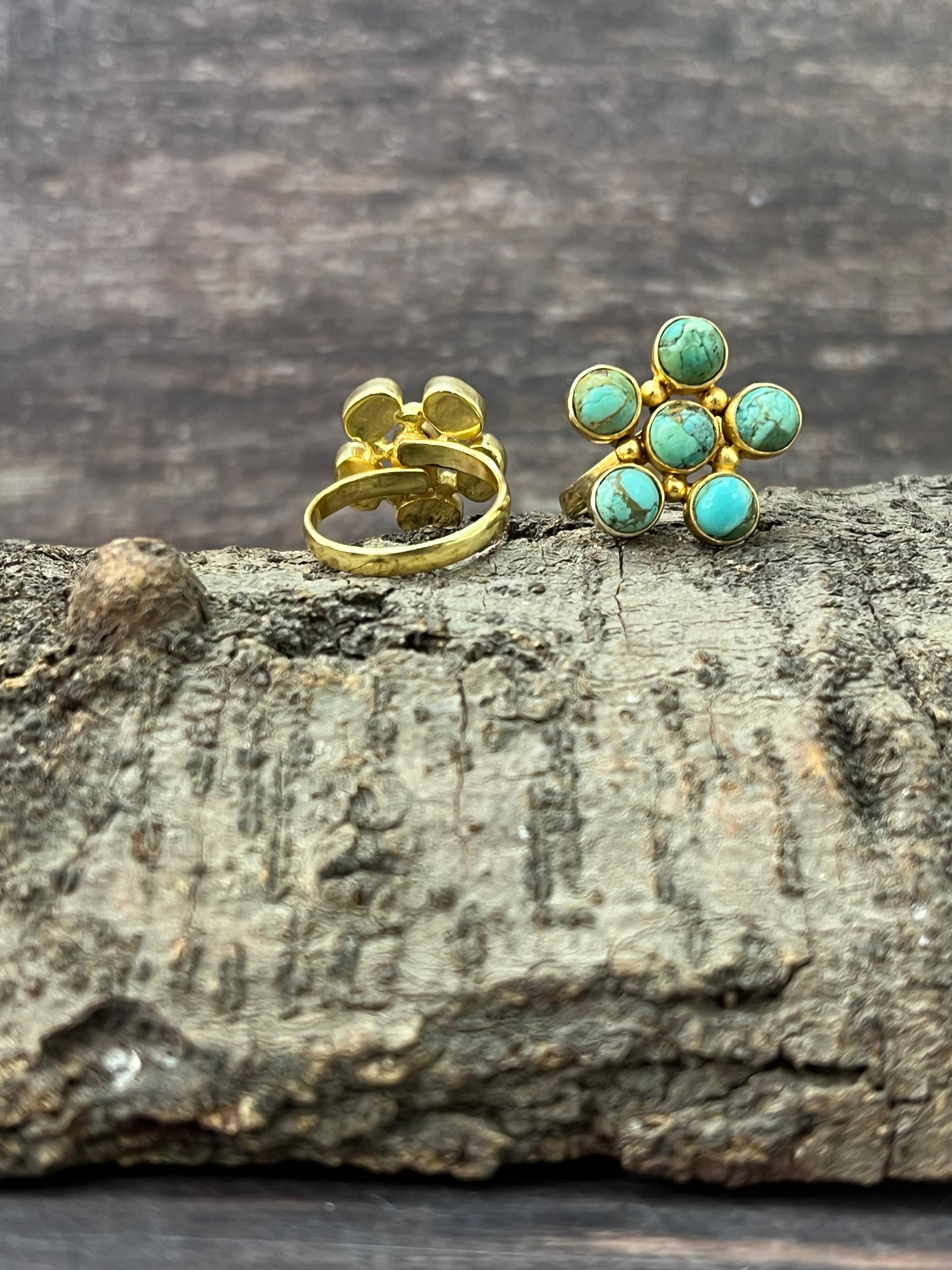 “The Golden Collection” Natural Old Stock Royston Turquoise, Black Onyx Adjustable Ring