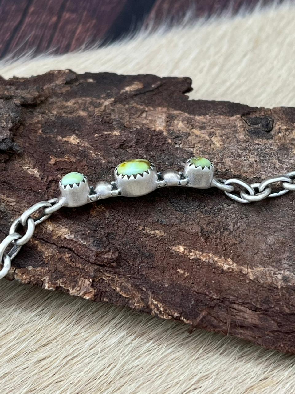 Handmade Sterling Silver Palomino Turquoise Chain Bracelet "Signed Nizhoni"