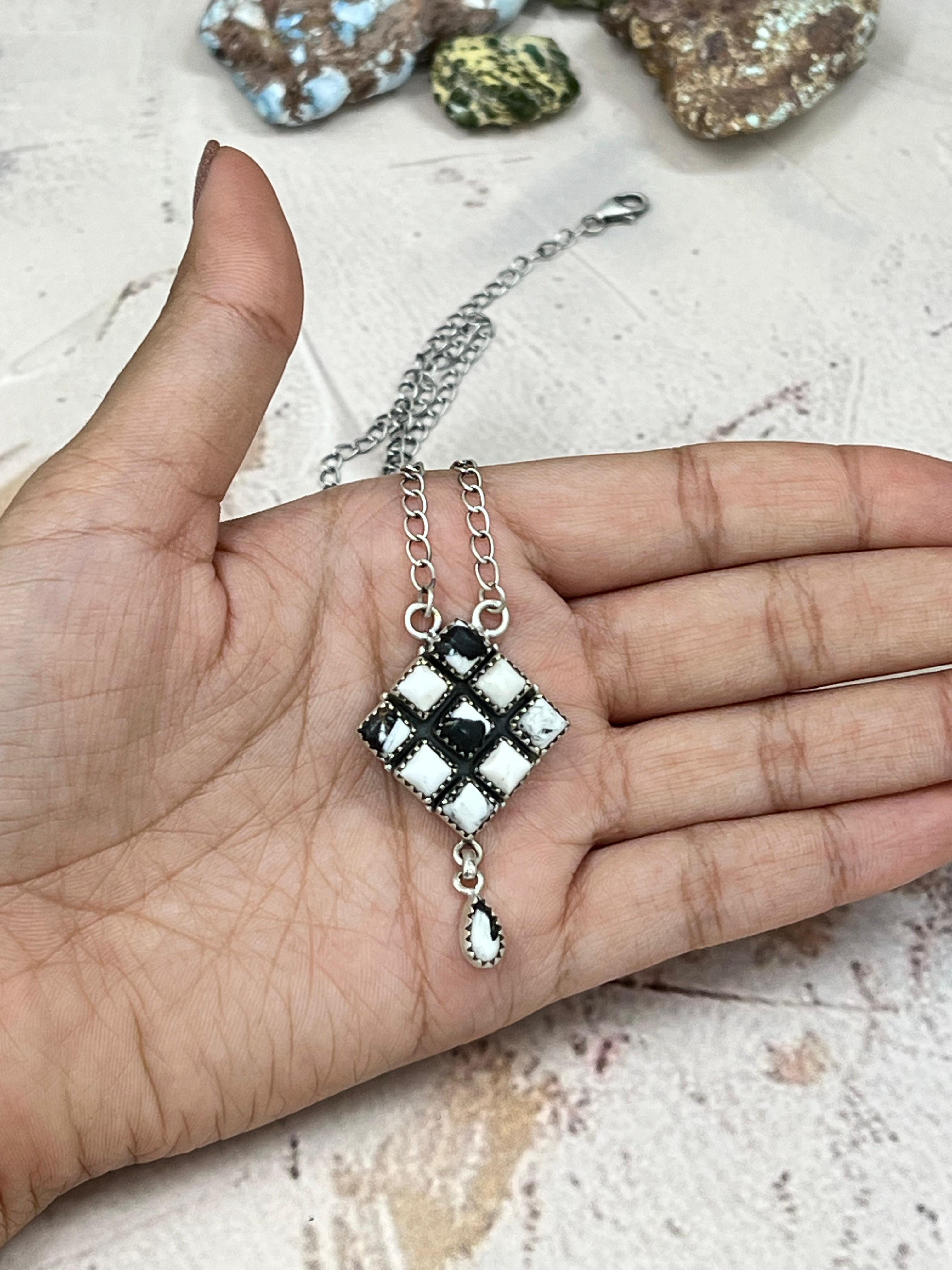 Handmade Sterling Silver White Buffalo Turquoise Necklace with Signed Nizhoni