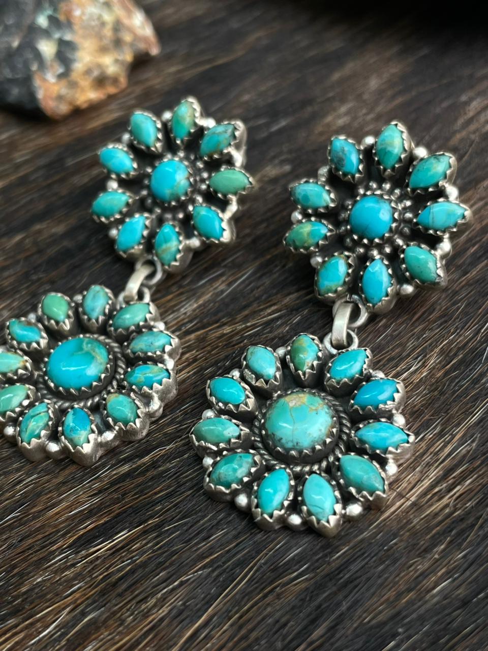 Handmade Sterling Silver Kingman Turquoise Post Dangle Earrings "Signed Nizhoni"