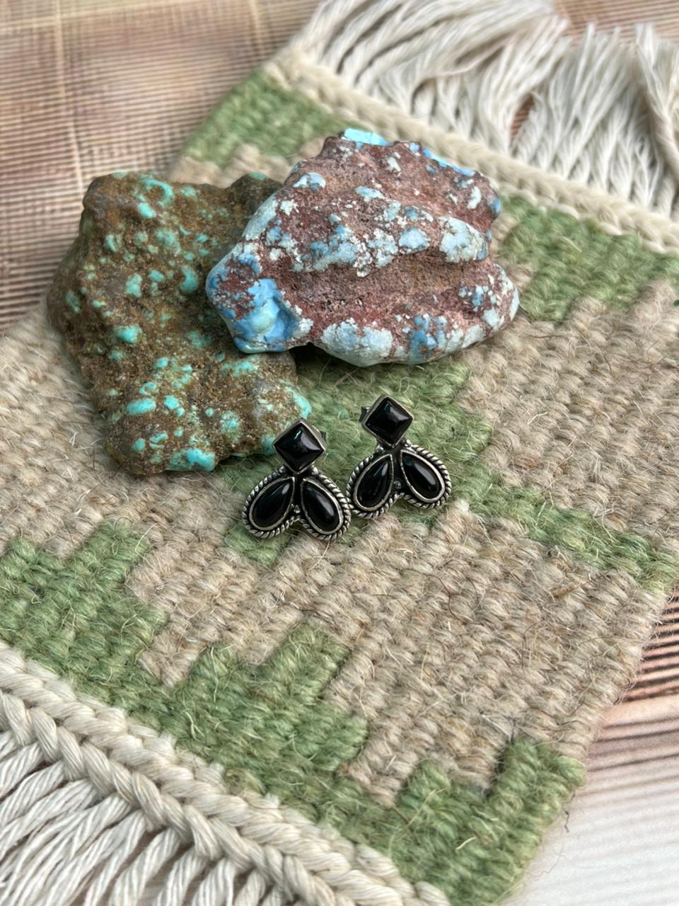 Handmade Sterling Silver Black Onyx Post Studs Earrings "Signed Nizhoni"