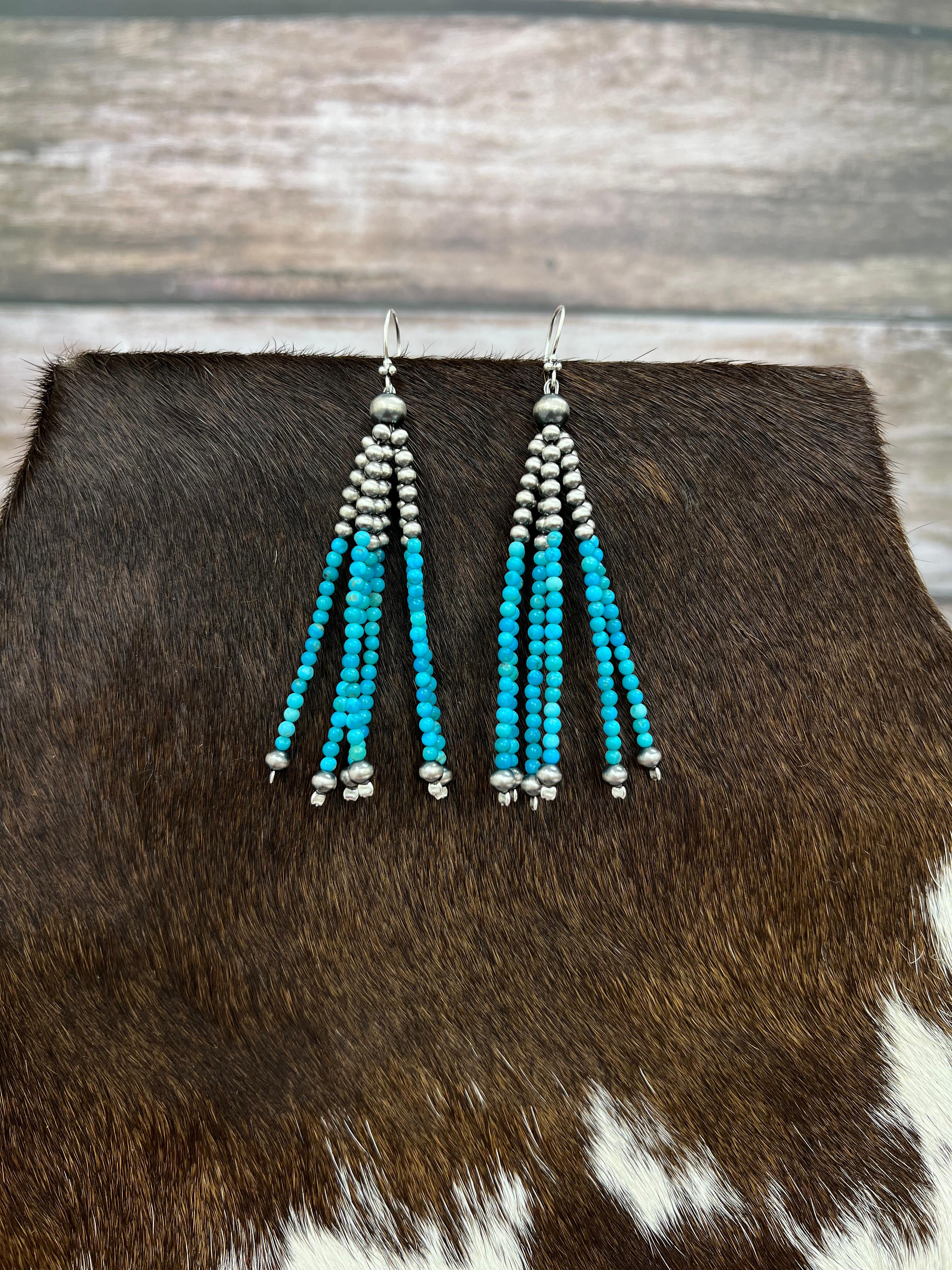 Handmade Sterling Silver Kingman Turquoise Beaded Hook Earrings with Signed Nizhoni