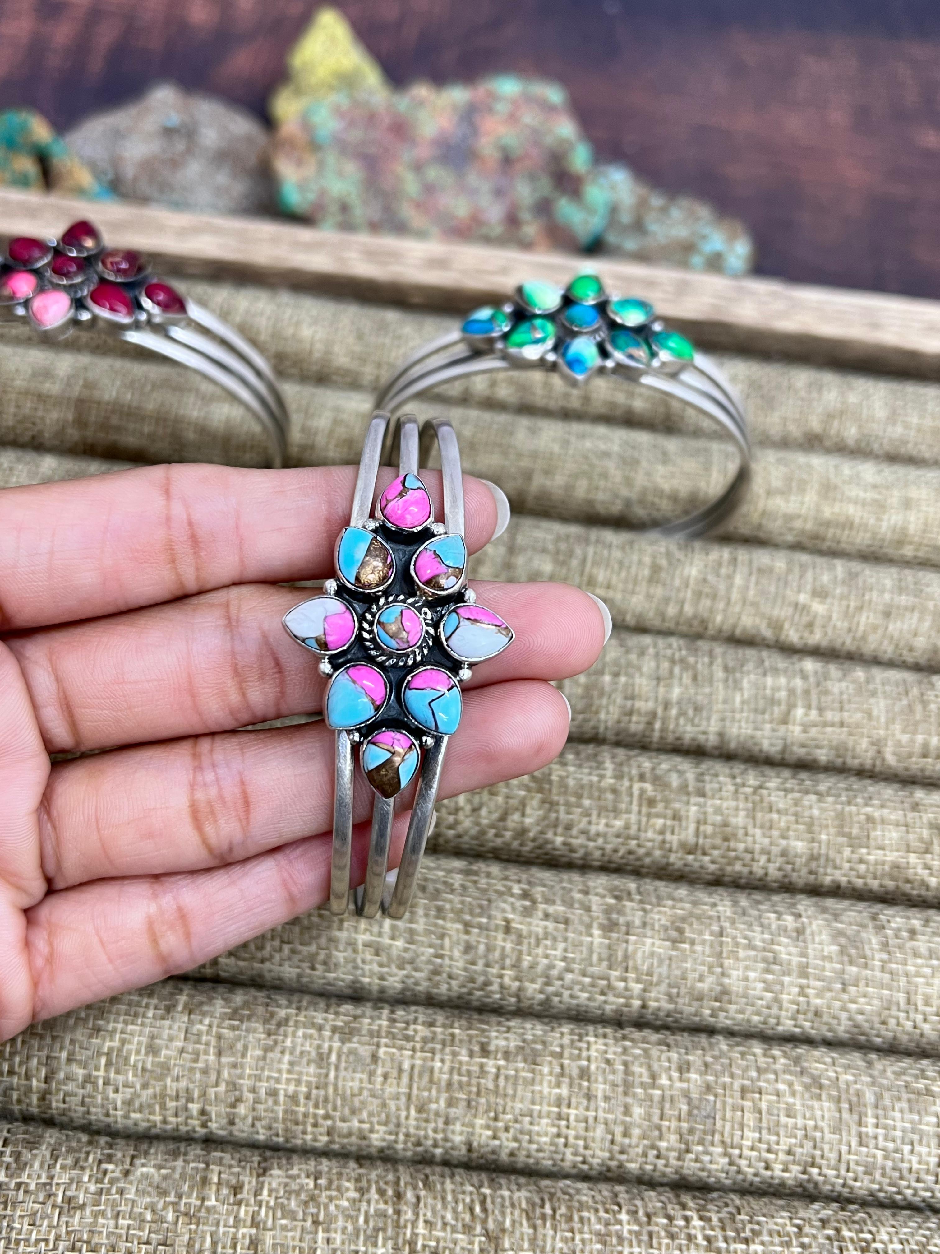 Handmade Sterling Silver Peacock Dahlia, Dahlia Rose, Cotton Candy Turquoise Cuff Bracelet with Signed Nizhoni