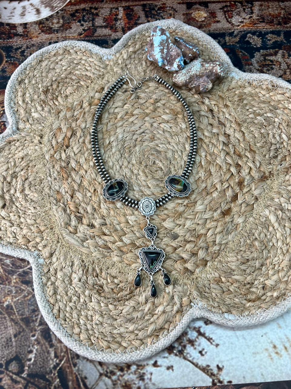 Handmade Sterling Silver Blackjack Turquoise Beaded Necklace "Signed Nizhoni"