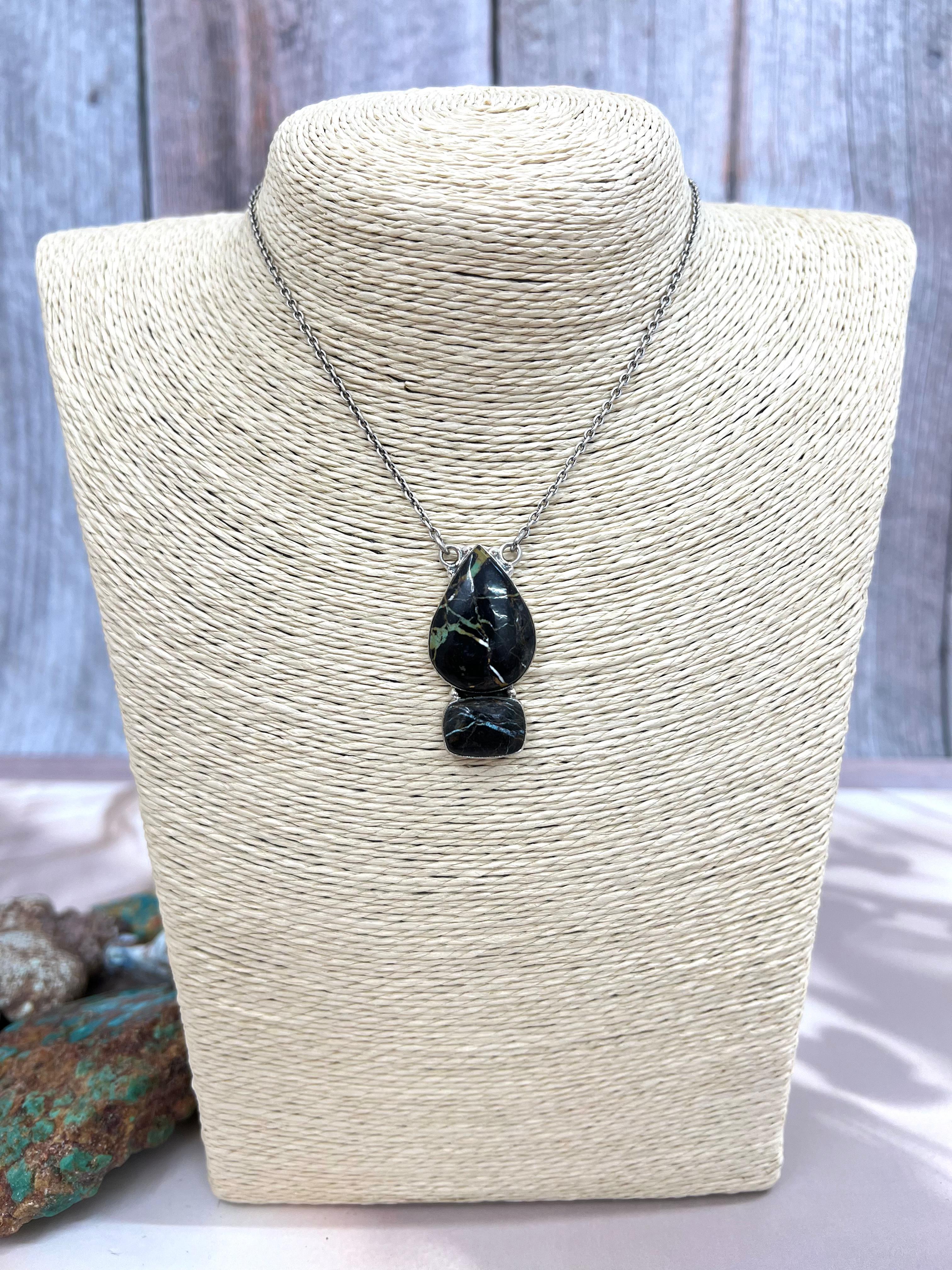 Handmade Sterling Silver Blackjack Turquoise Necklace Signed Nizhoni