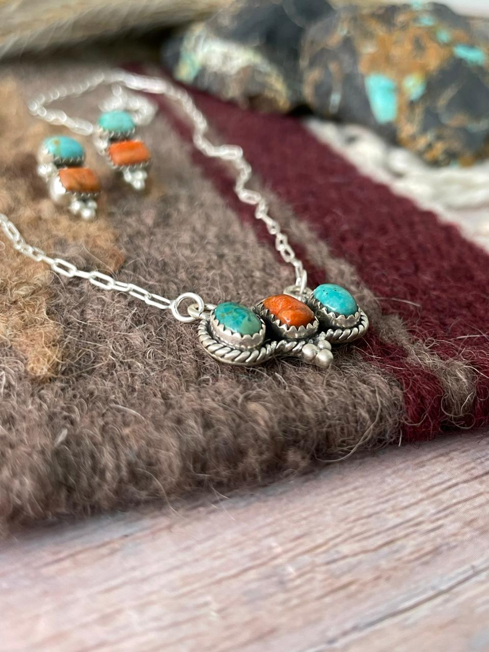 Handmade Sterling Silver Orange Mojave with Kingman Necklace Earrings Set "Signed Nizhoni"