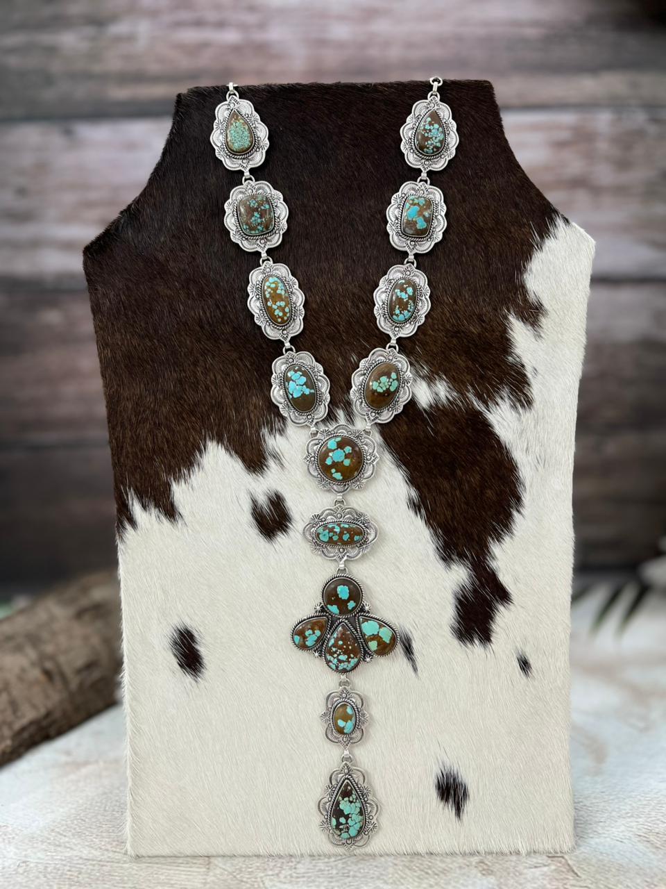 Handmade Sterling Silver Number 8 Turquoise Lariat Necklace with Signed Nizhoni